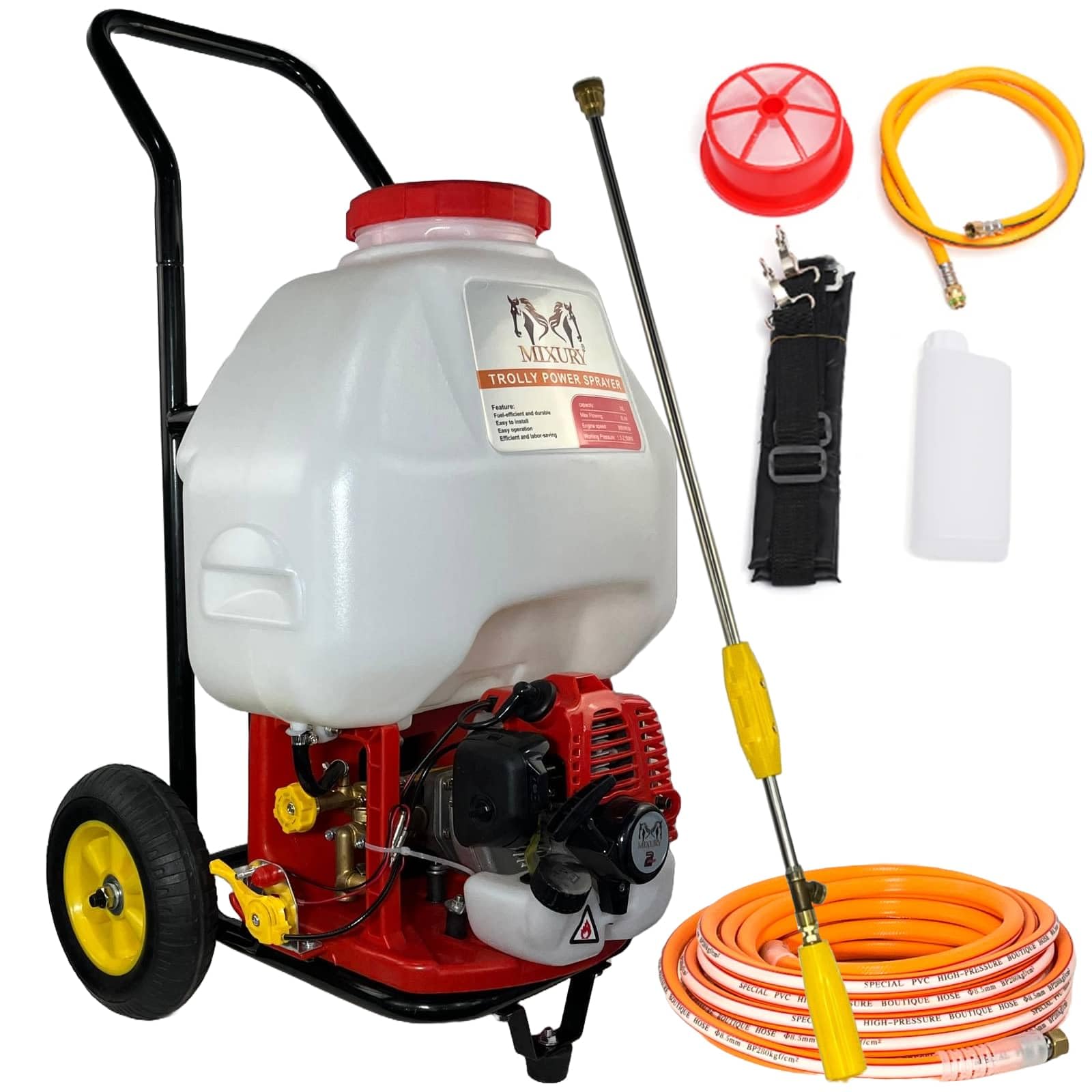 X-30 Fumigadora Pulverizador a Gasolina 2T (27 CC, 1,5 CV) con Mangueras 2m y 10m, Carro y Lanza Regulable – Sulfatadora Eficiente para Jardín y Agricultura – Instrucciones en Castellano.