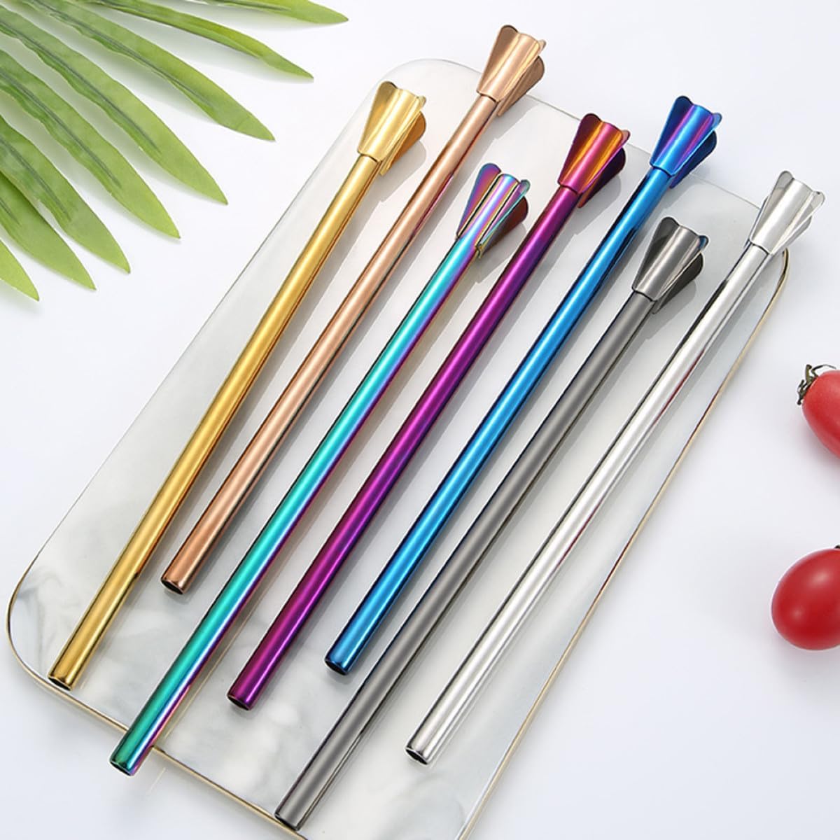 7pcs Stainless Steel Cocktail Stirrer Straws Set Reusable Metal Drinking Straws Silver Rose Gold Blue Purple Titanium for Party Bar Use