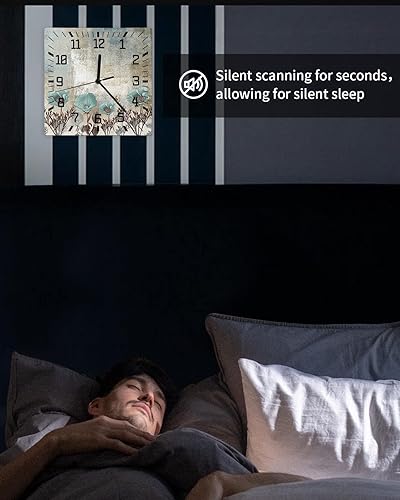 Miniatura 6 de Reloj de pared cuadrado silencioso sin tictac, arte abstracto, textura vintage, flores verde azulado, relojes de pared que funcionan con pilas,