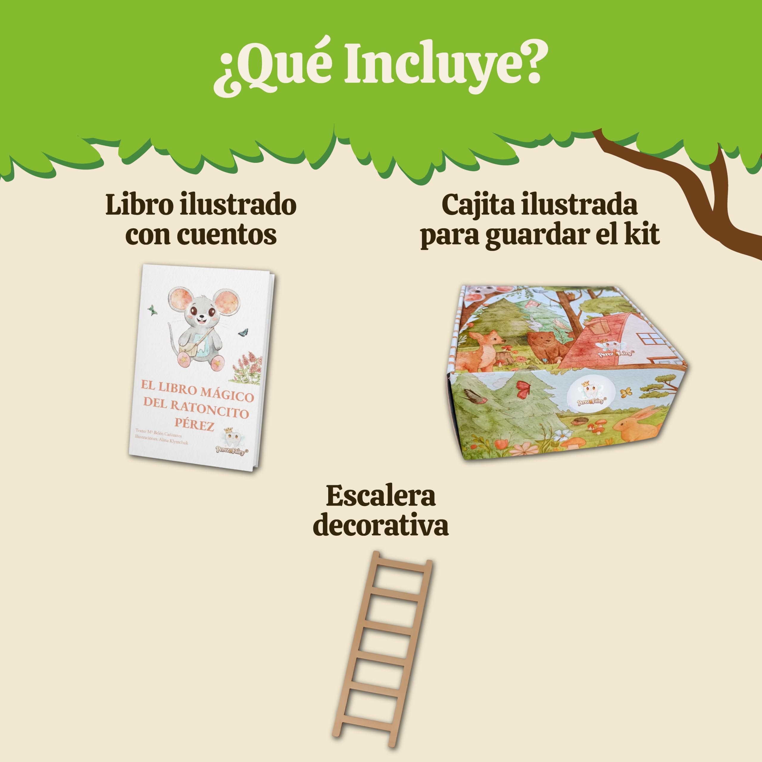 Perez&Fairy Puerta Ratoncito Perez que se Abre | Con Vinilo de Pared, Escalera de Madera y Peluche Raton Pequeño | Kit Casita Ratoncito Perez con Libro de Cuentos y Certificado | Regalo Niño y Niña