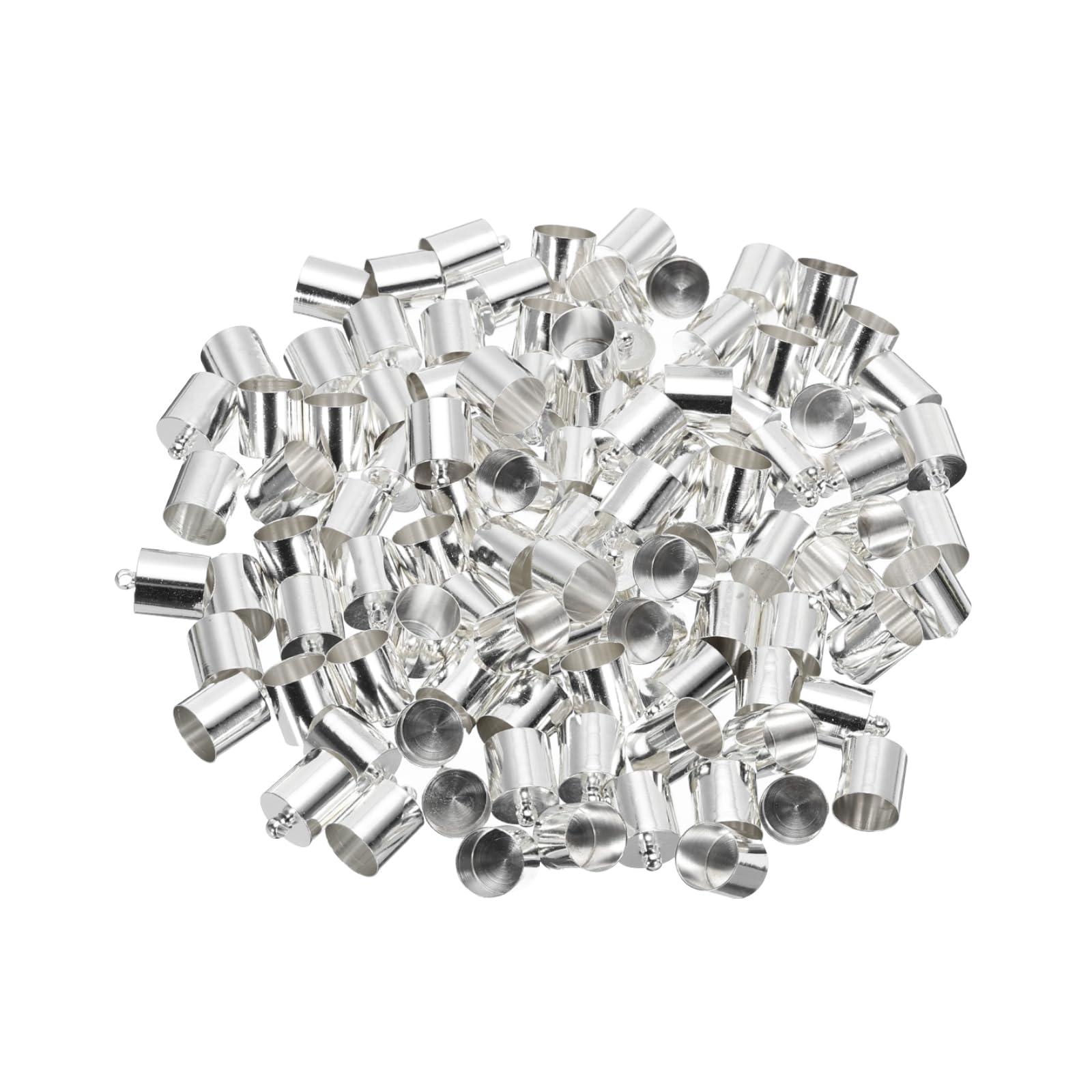 MECCANIXITY 100Pcs Cord End Caps 14mm End Cap Barrel Beads Kumihimo 10mm Dia End Caps Brass for Leather Cord, Tassels, Jewelry Making, Silver