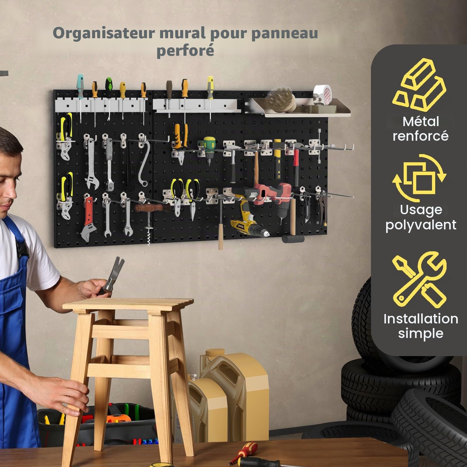 SOARS Porte Outils Mural 120 X 60 CM, 3 Panneaux Perforé (Noir)