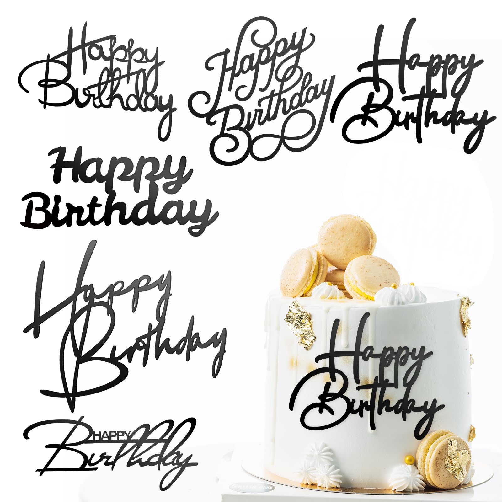 6 Pcs Happy Birthday Cake Topper Side Mirror Acrylic Sign Decorations Black Inserts Decor Supplies Cupcake Toppers for Party Dessert
