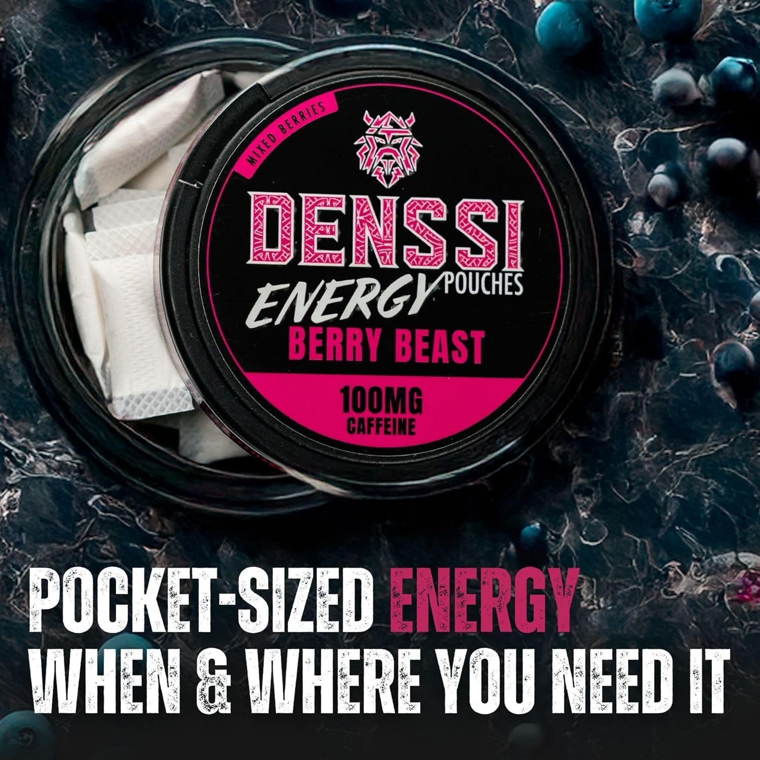 Denssi Pouches de energía – Bolsas de cafeína – para la concentración y la energía – Bolsas nootrópicas sin azúcar (1 pack, Berry Beast)