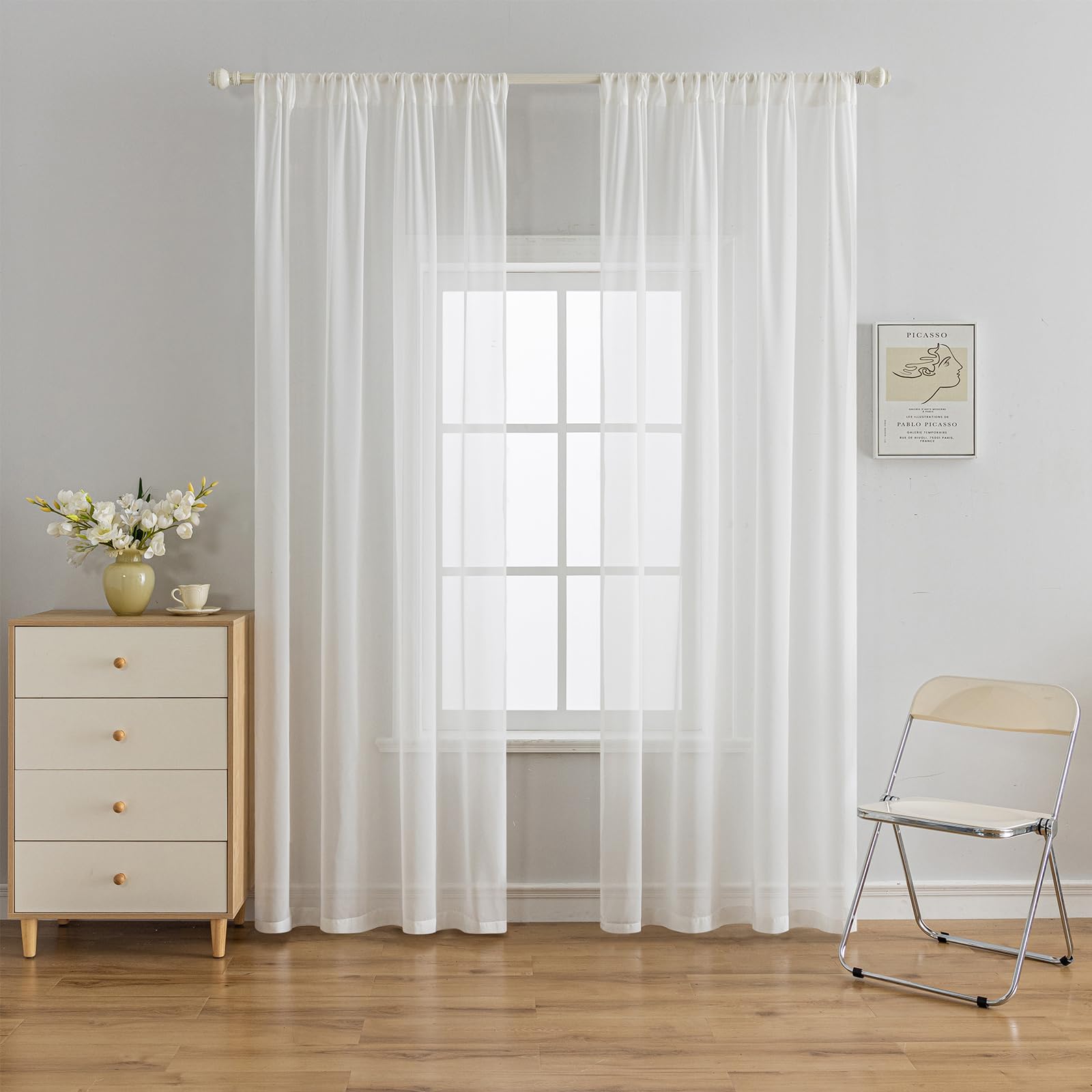 AOWELLOW White Sheer Curtains 96 Inch Drop, 2 Panels Net Curtain for Windows, Rod Pocket Voile Curtains for Bedroom Living Room Dormitory Home Decoration