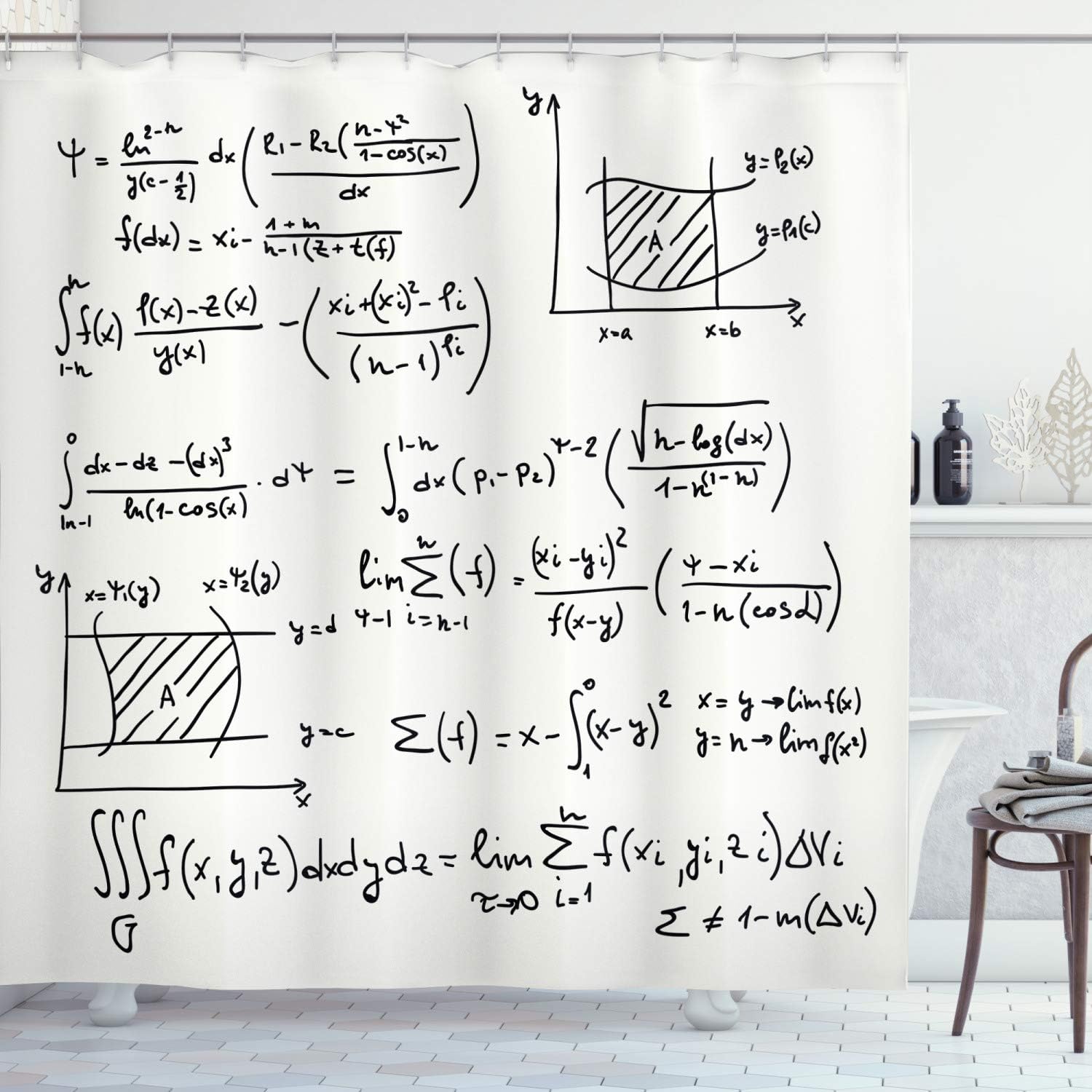 Ambesonne Mathematics Room Shower Curtain, Scientific Research Graphs Proof Field of Algebra Physics Lesson, Cloth Fabric Bathroom Decor Set with Hooks, 69" W x 75" L, Eggshell Black