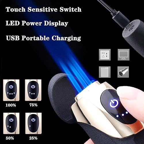 Miniatura 4 de DOUBFIVSY Encendedor de puros, encendedor de 3 chorros de llama de butano con un botón, encendedor de llama recargable, resistente al viento,