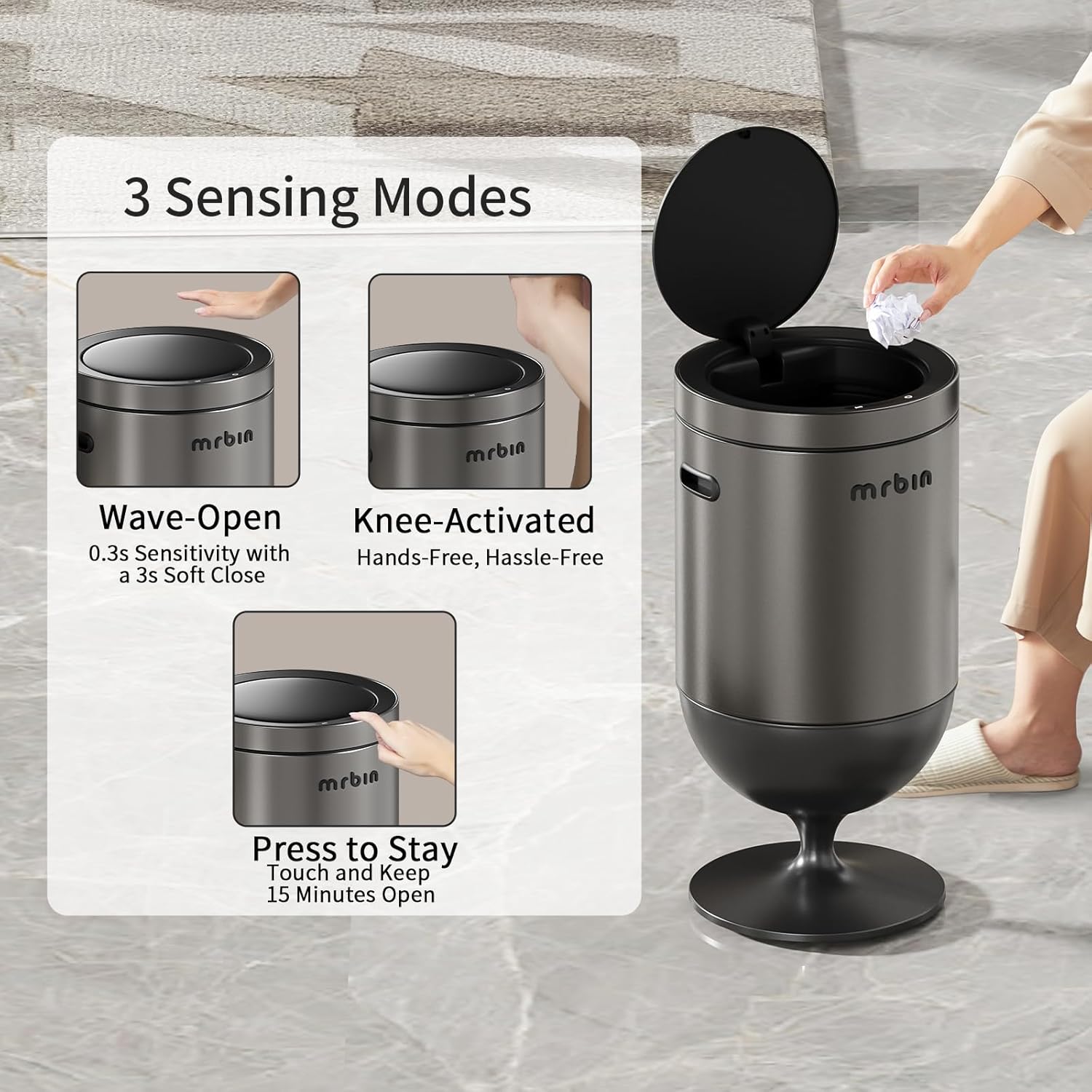 Mrbin Stainless Steel Motion Sensor Trash Can with Lid, 5.3 Gallon Wine Glass Shaped Automatic Waste Basket Touchless, Smart Round Tall Garbage with High Leg for Office, Bedroom, Kitchen, Eclipse Grey