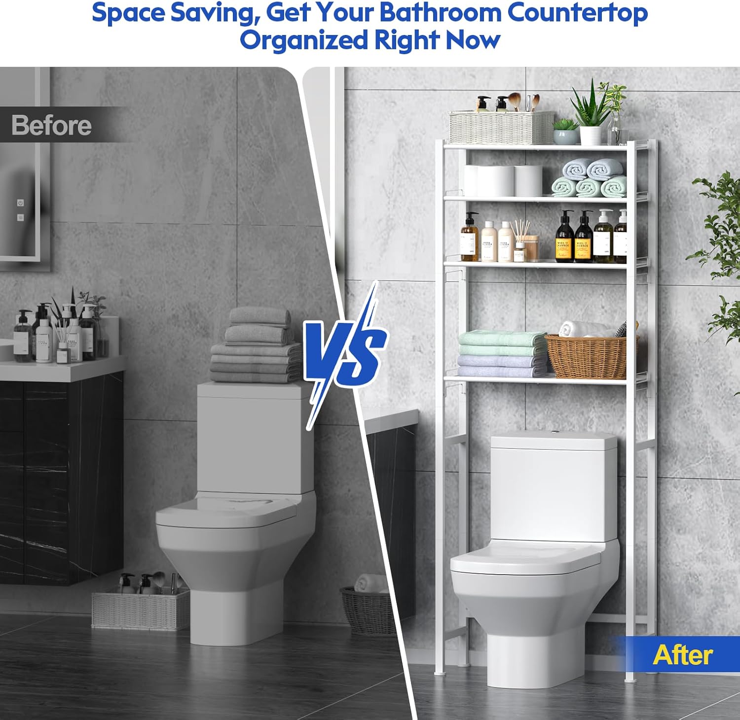 samstar 4 Tier Over The Toilet Storage Rack, Bathroom Organizer Shelves Cabinet Above Toilet, with Adjustable Height Freestanding Shelf Space Saver, White