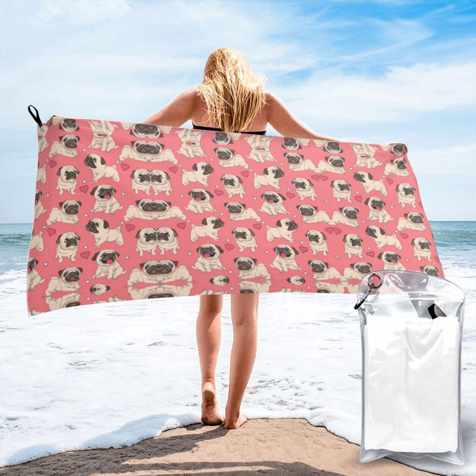 WYCZHY Funny Cartoon Pug Puppy Dog Print Beach Towel Soft Quick Dry For Spa Pool Gym Vacation Travelers Women Men Adults Sauna Gift