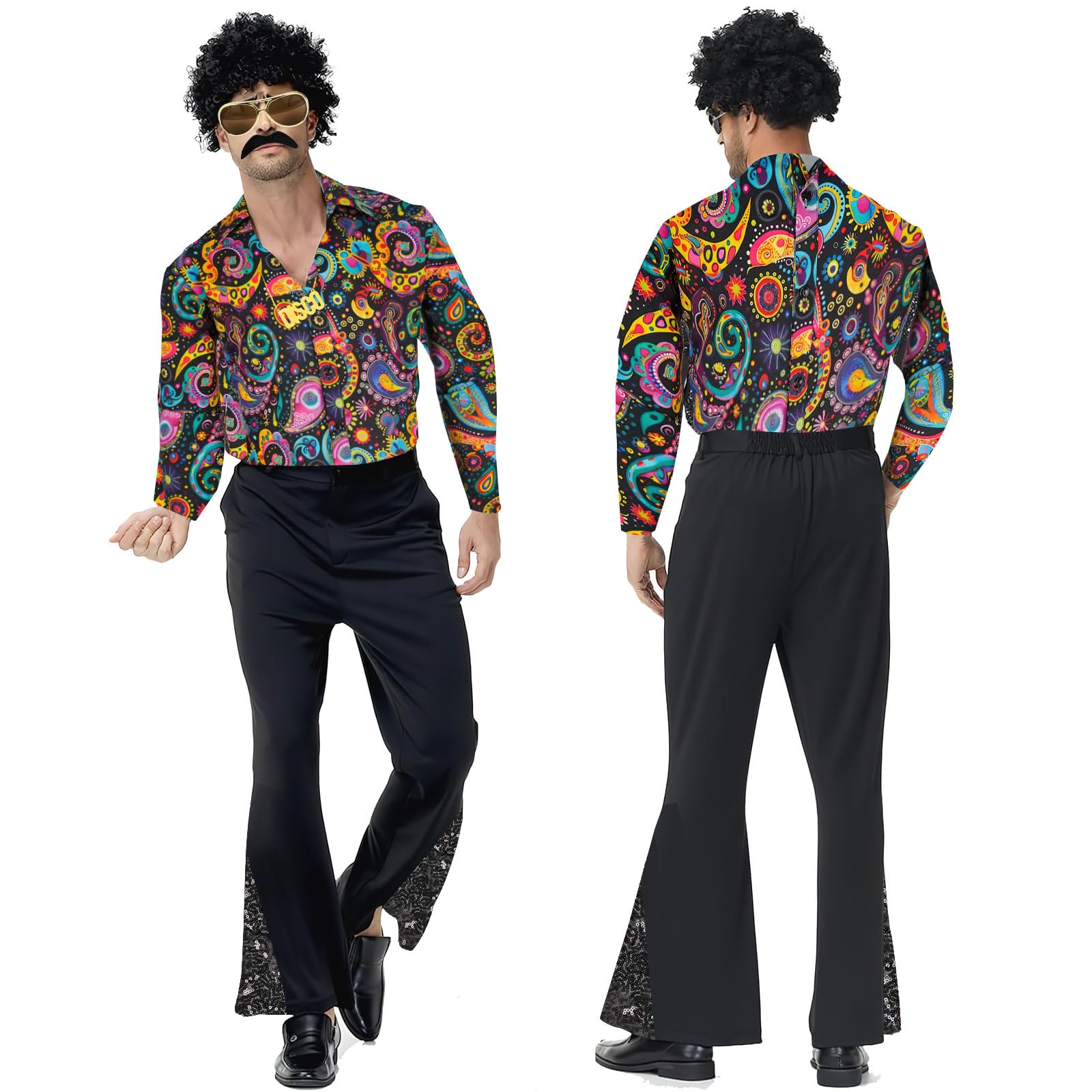 Malloom 70s Outfits for Men 6 Pcs Disco Outfit Retro Costume with Bell Bottom Pants for Disco Party (Floral) (M) - Image 2