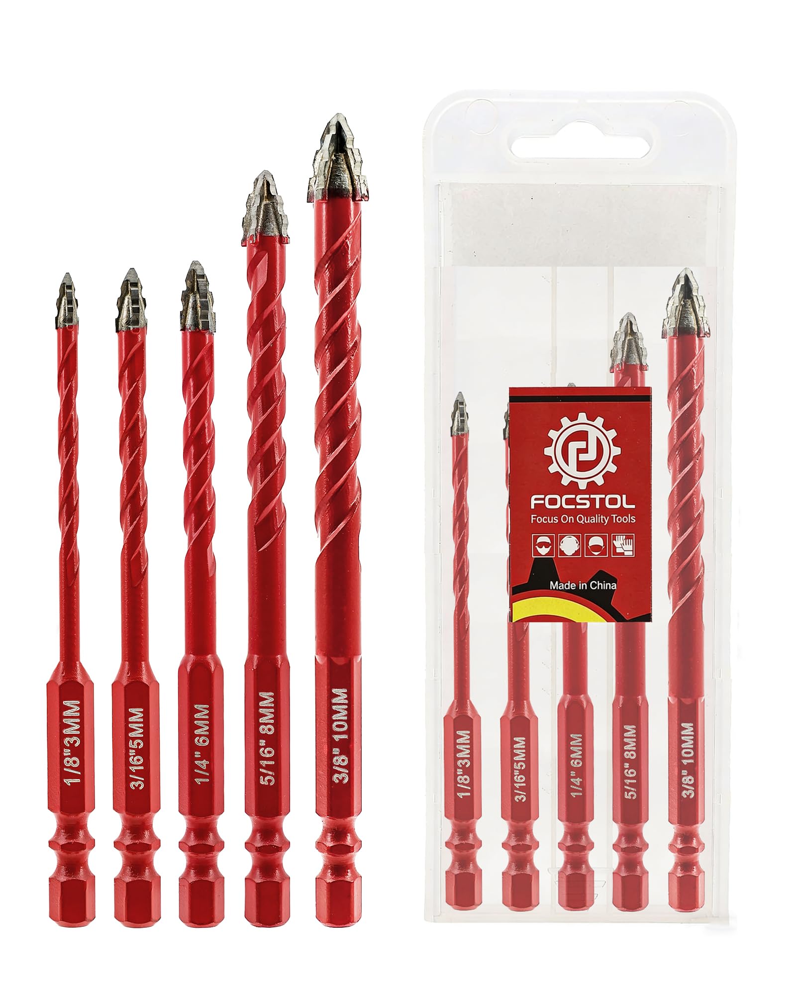 FOCSTOL Serrated Masonry Drill Bit Set 5pcs - 3/5/6/8/10mm High-Strength Eccentric Twist Drill Bit for Wood Plastic Masonry Ceramic Tile Concrete Marble
