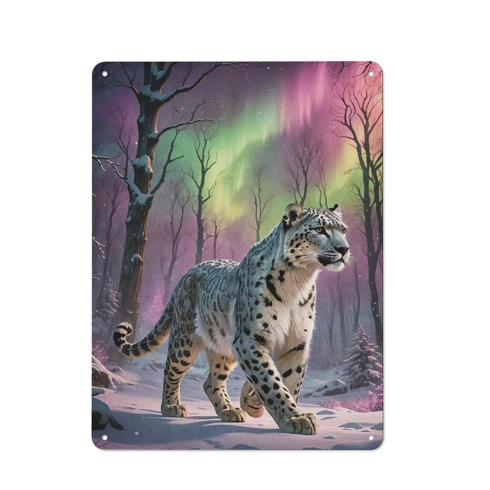 Junmoney Snow Leopard Under Aurora Borealis Metal Wall Sign 40X30cm Featuring For Hallway Wall, Suited To Wall Display Collectors