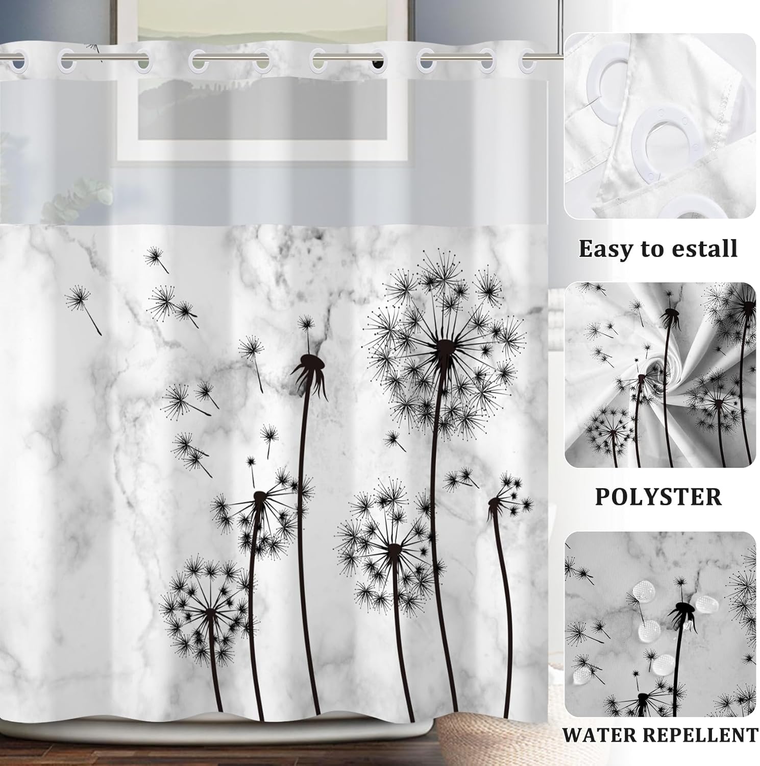 Baocicco No Hook Black and White Dandelion Shower Curtain with Snap in Liner Flower Vintage Floral Double Layers Machine Washable for Easy Clean Hotel Shower Curtain and Liner Set 71x83 Inch