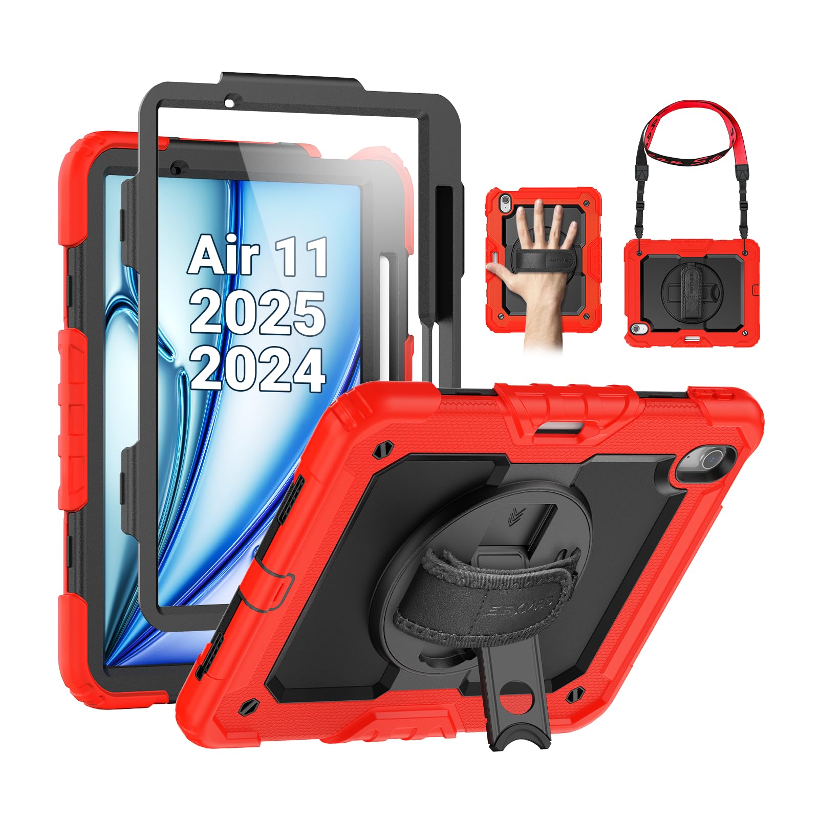 SEYMAC Case for iPad Air 11 Inch M3 2025/M2 2024 (Air 7th/6th Generation), Heavy Duty Shockproof Protective Case with Screen Protector, Rotating Stand