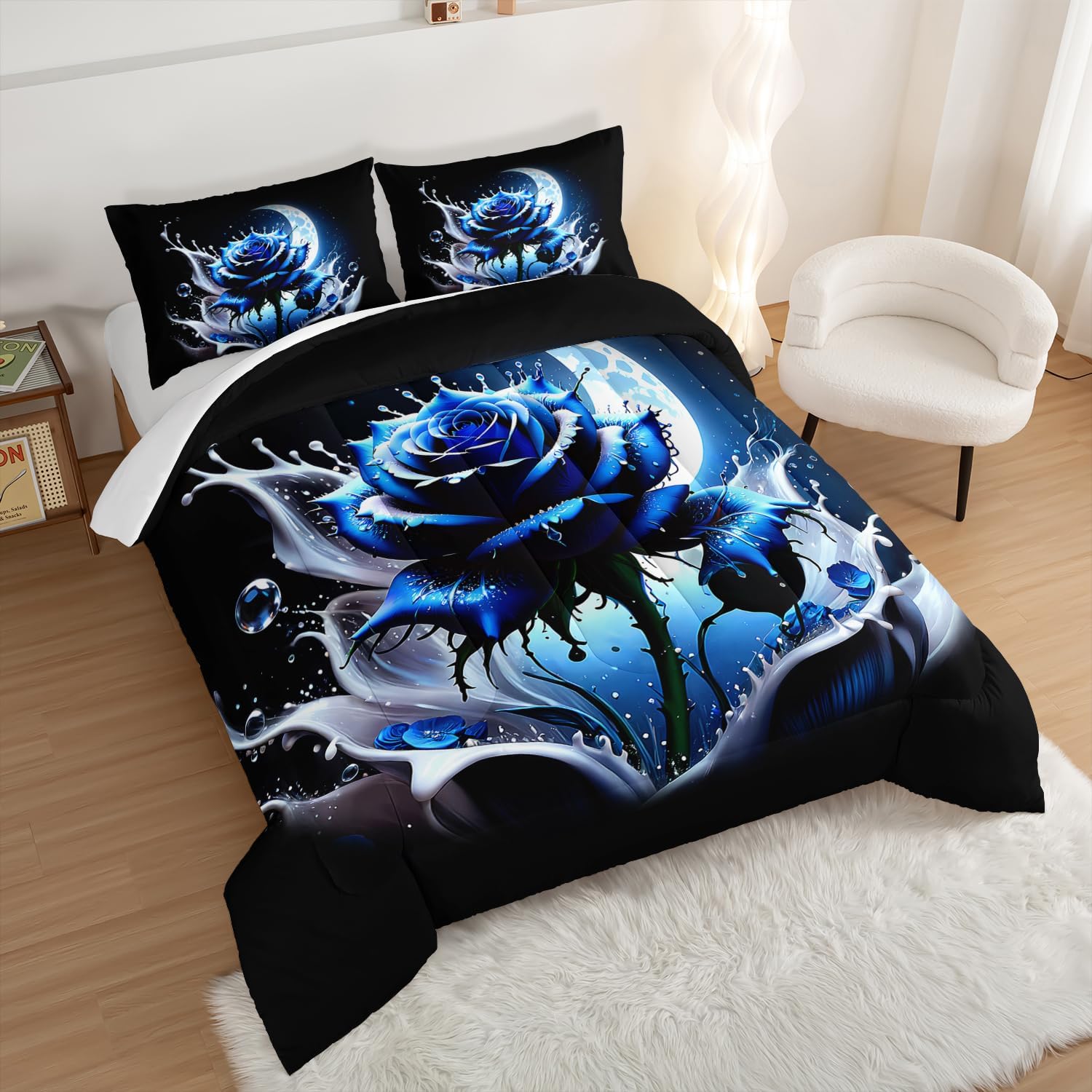 HOSIMA Blue Rose Comforter Set for Adults & Kids - Black Full Size Comforter with 2 Pillowcases - Glowing Moon Pattern - Romantic Floral Themed Bedding for Men & Women's Room Decor