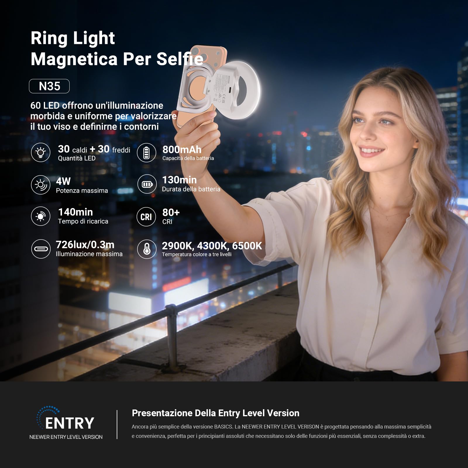 NEEWER ENTRY LEVEL VERSION N35 Selfie Ring Light Magnetica Compatibile con MagSafe iPhone, Piccola Luce di Riempimento LED Pieghevole in Plastica Bicolore 4W 800mAh CRI80+ per Video Conferenza Trucco