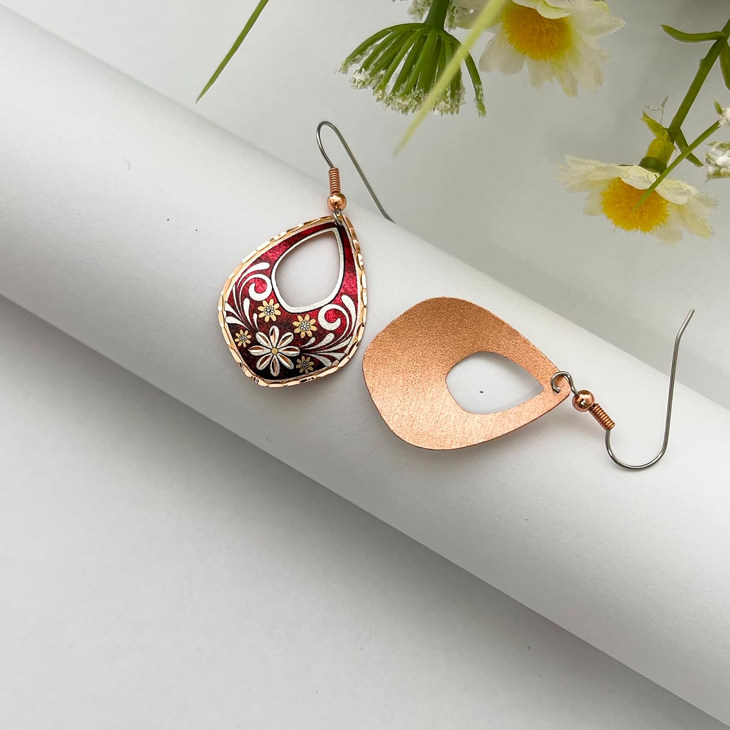 FRONT LINE JEWELRY Handcrafted Red Flower Teardrop Earrings Elegant Copper Floral Jewelry Red Floral Earrings Valentine’s Day Gift for Her