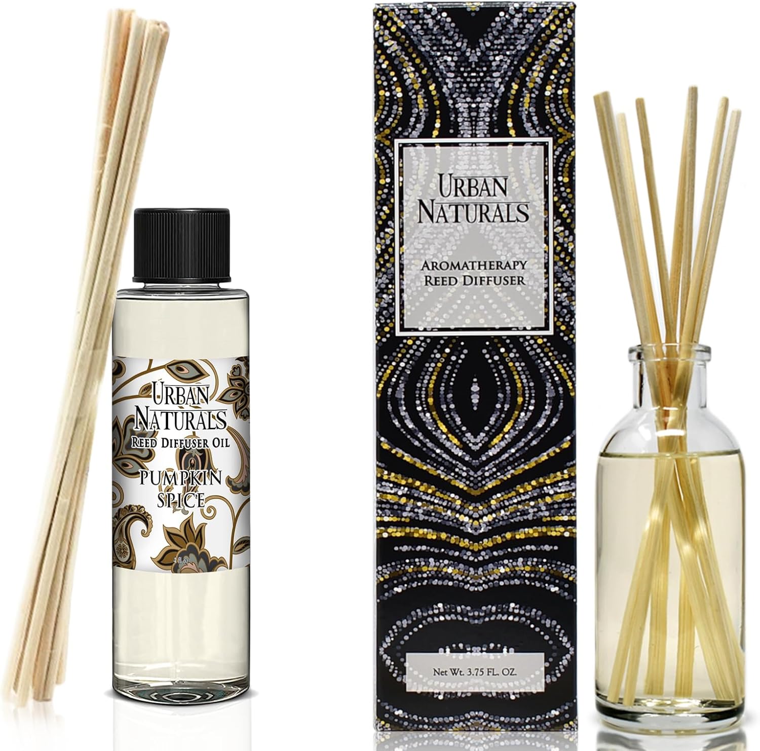 Urban Naturals Pumpkin Spice Reed Diffuser Refill, 4 oz, Bundle with Pumpkin Spice Reed Diffuser Set - Made with Essential Oils in The USA