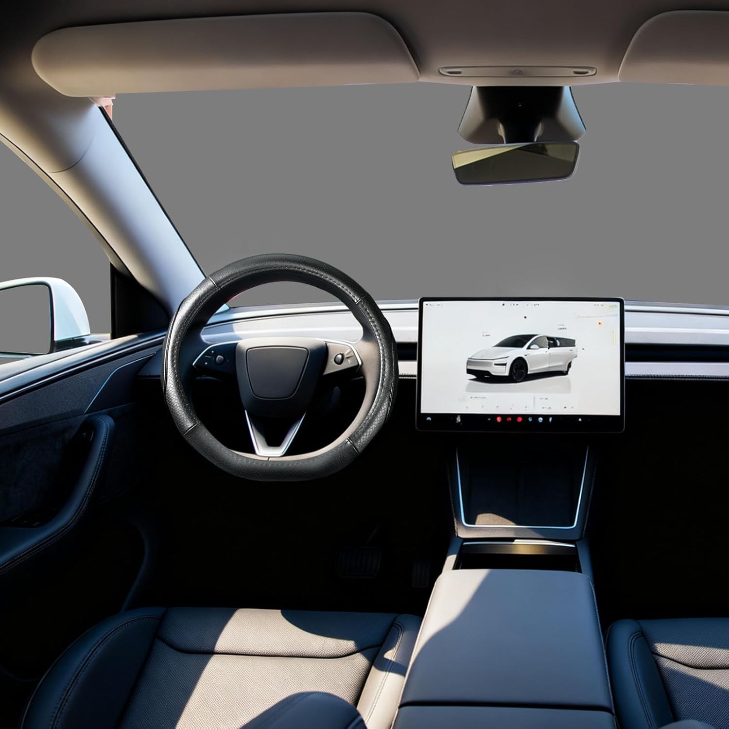 Cowhide Steering Wheel Cover Compatible with Tesla Model 3/Y Juniper Highland, Comfortable, Anti-Slip Breathable Tesla Model 3/Y Steering Wheel Protector, Black