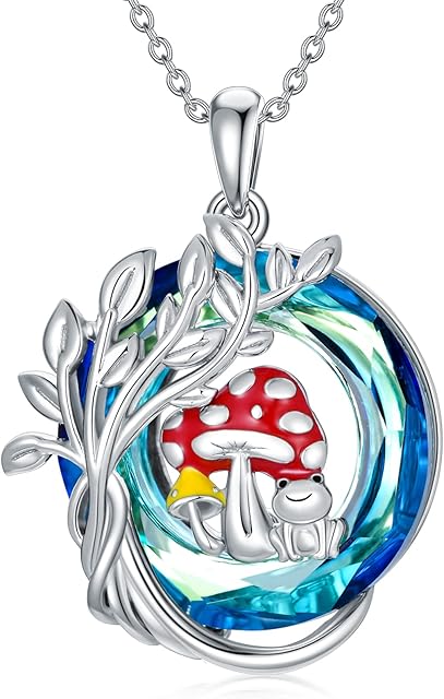 Mushroom Necklace Tree of Life Frog Crystal Pendant Necklaces 925 Sterling Silver Jewellery Gifts for Women Girls