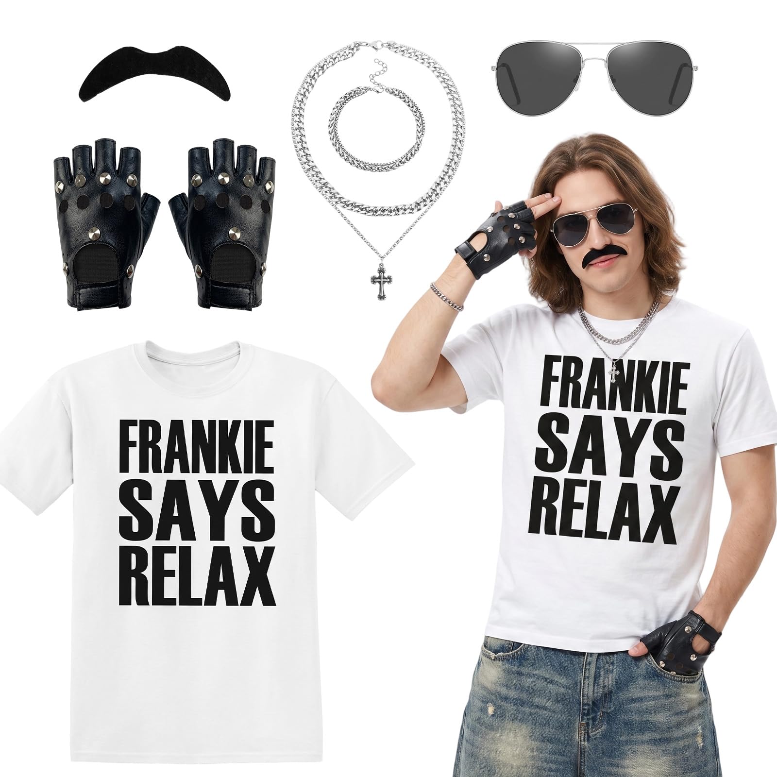 Dazzroi 80s Pop Singer Costume for Adult, 6Pcs 1980s Fancy Dress Outfit with White Slogan T-Shirt Sunglasses Fake Moustache Studded Gloves Cross Necklace Bracelet for Retro Theme Party
