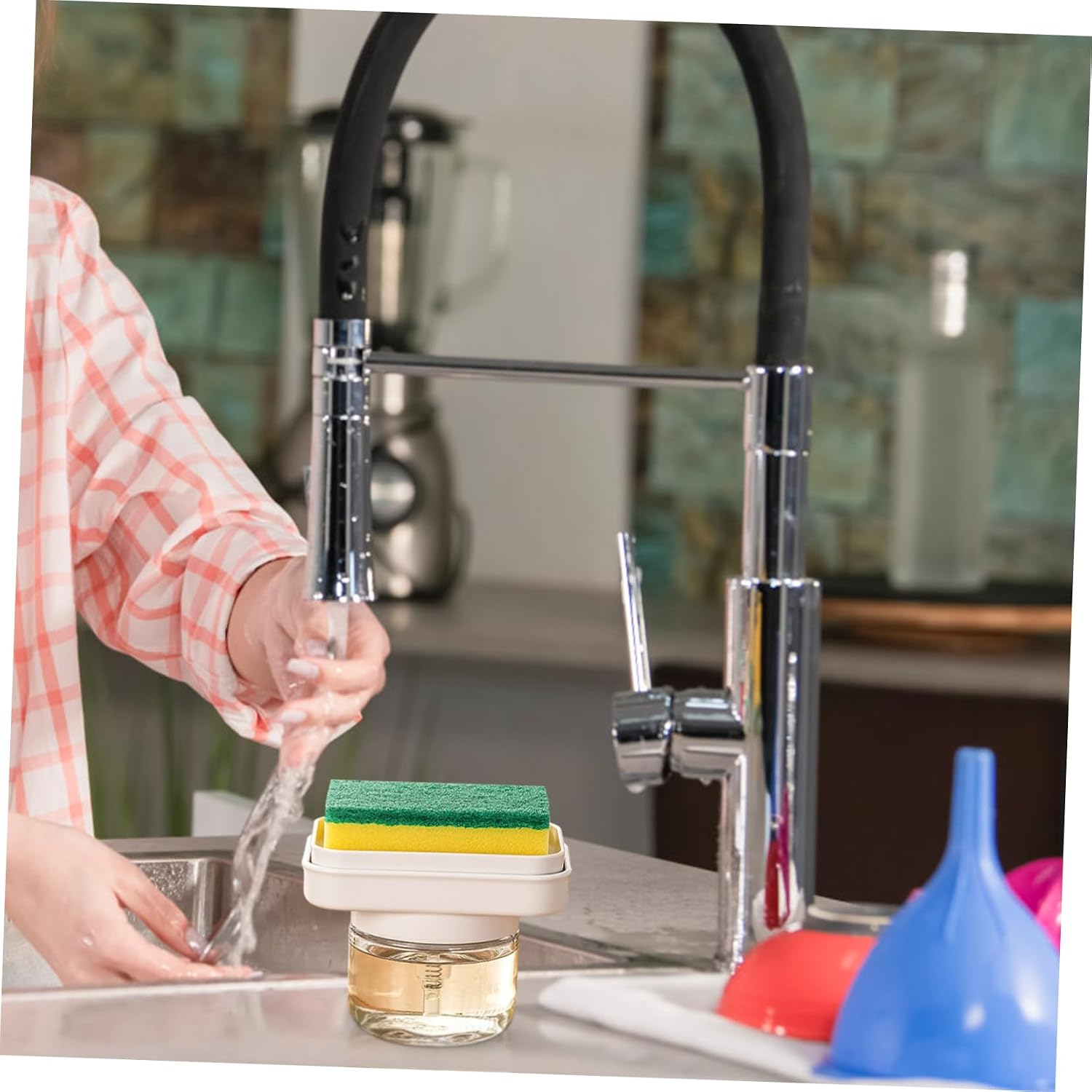 DOITOOL Sleek Automatic Liquid Doser Dish Soap Dispenser Sponge Holder for Sink
