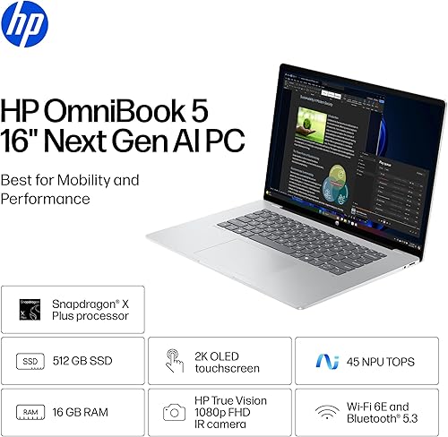 Miniatura 2 de HP OmniBook 5 PC AI de 16 pulgadas de próxima generación, pantalla táctil 2K, Snapdragon X Plus X1P-42-100, 16 GB de RAM, SSD de 512 GB, GPU
