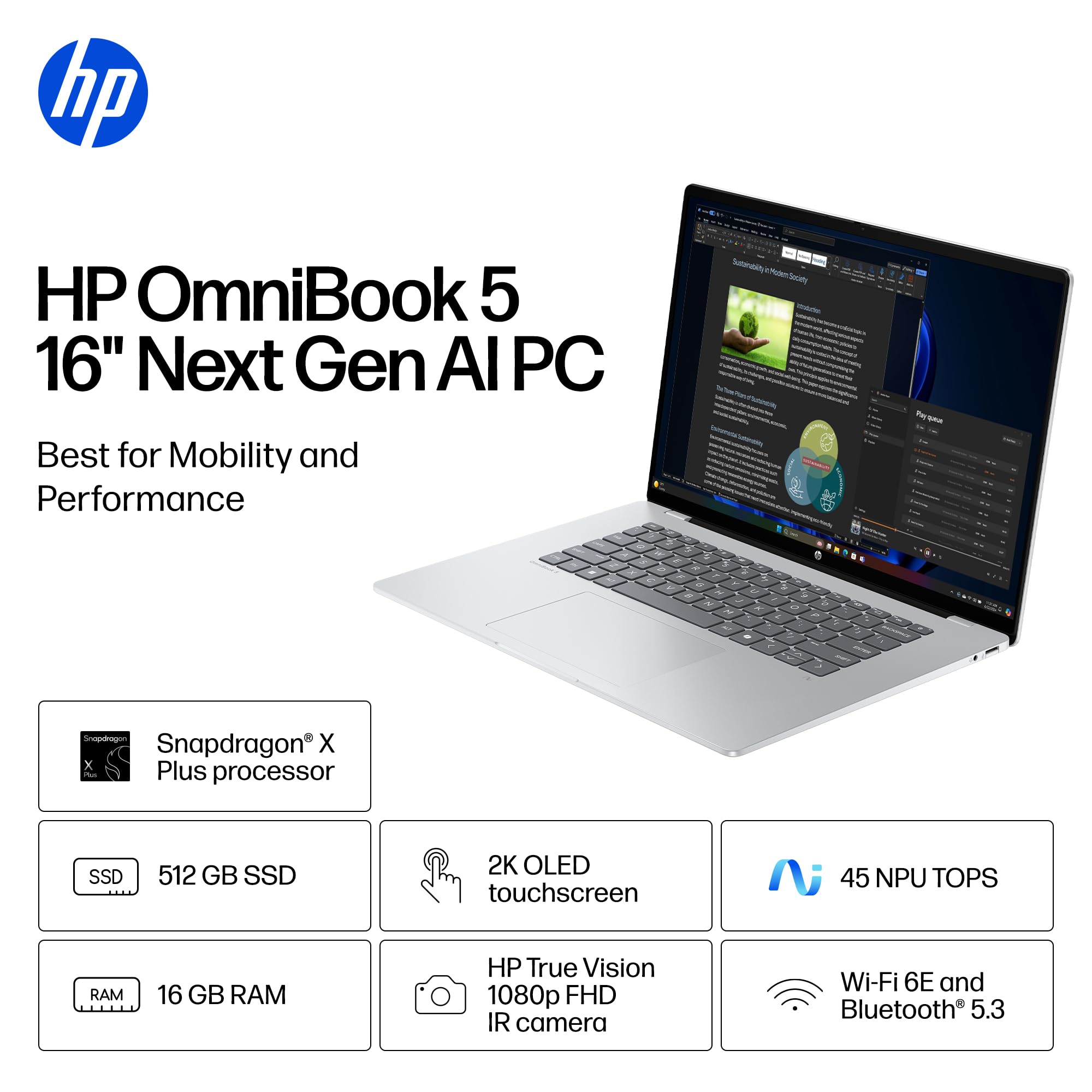 HP OmniBook 5 16 inch Next Gen AI PC, 2K Touchscreen, Snapdragon X Plus X1P-42-100, 16 GB RAM, 512 GB SSD, Qualcomm Adreno GPU, Windows 11 Home, Copilot+ PC, Glacier Silver, 16-fb0000nr