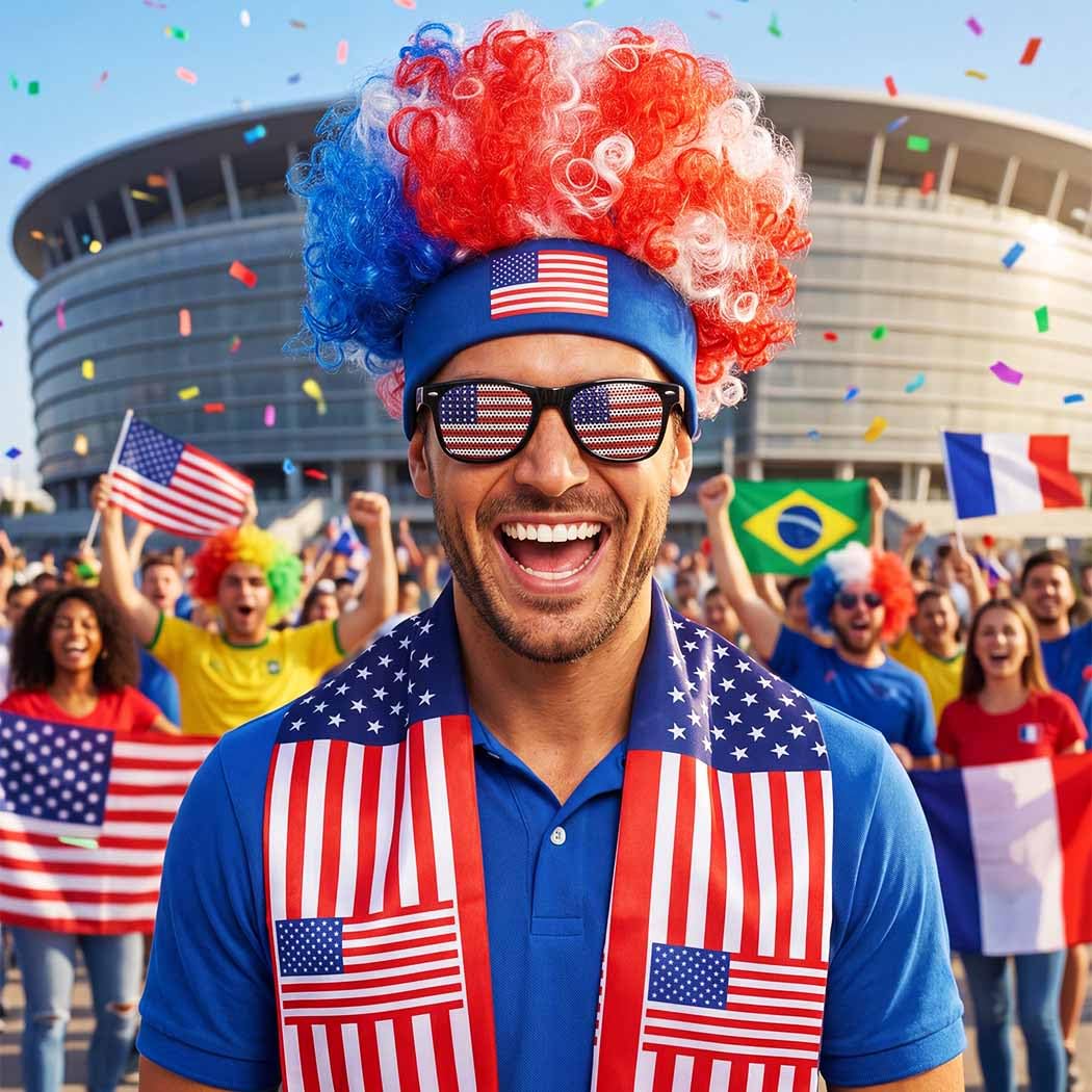 BARTOSI Soccer Fan Costume USA Patriotic Accessories Red White Blue Wig Scarf Glasses Set Football Game Day Supplies Favors for Men Women