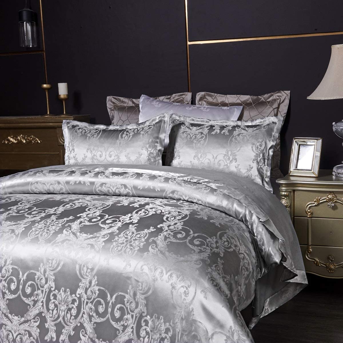 Set di biancheria da letto, 200 x 220 cm, in seta, colore grigio, jacquard, con copripiumino reversibile, in microfibra, con cerniera, motivo floreale