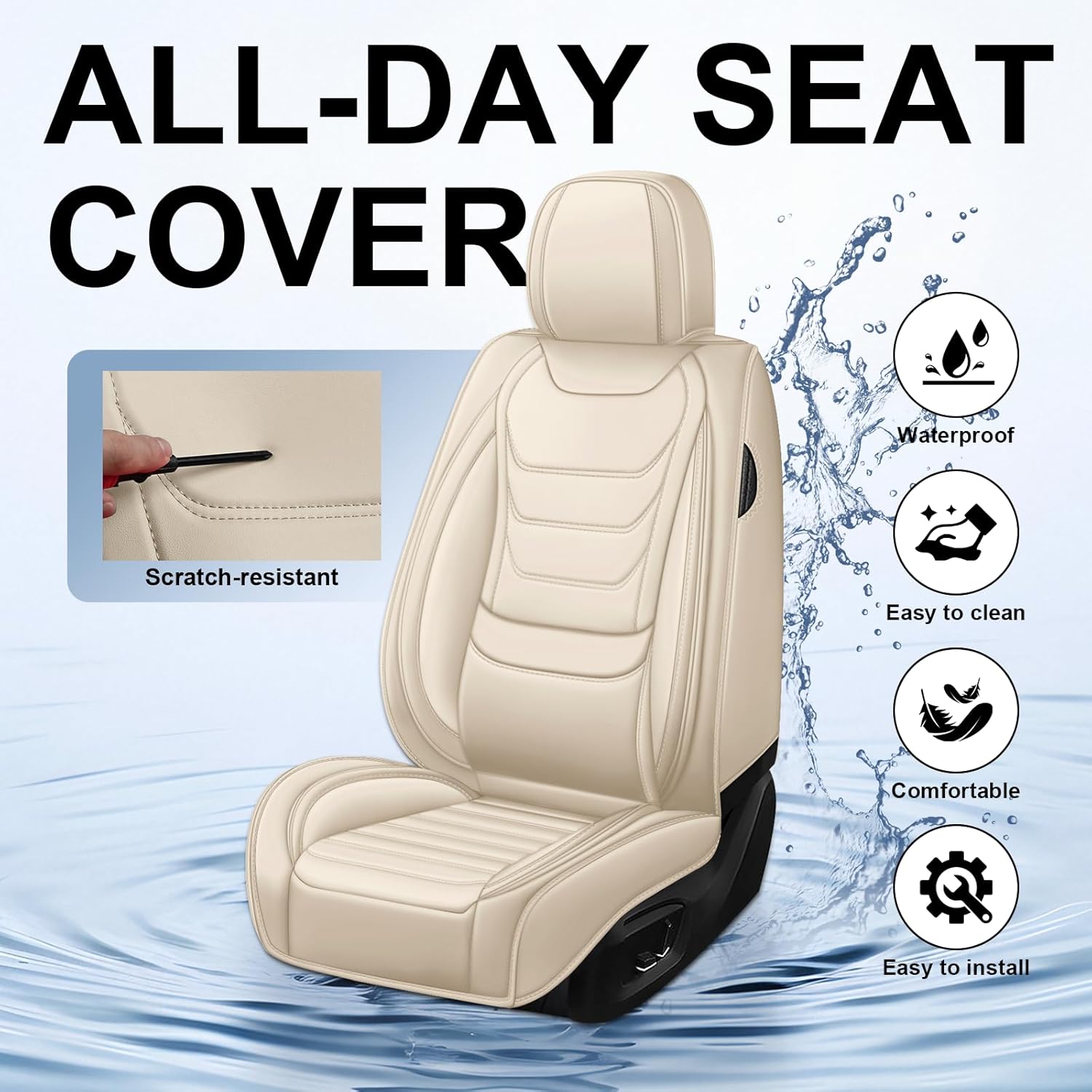 DHAEY Car Seat Covers for Lincoln Nautilus 2019-2025, Luxury Breathable Seat Cover, Nappa Leather, Wear-Resistant, Anti-Slip, Quick Installation, 2PCS Front, Beige