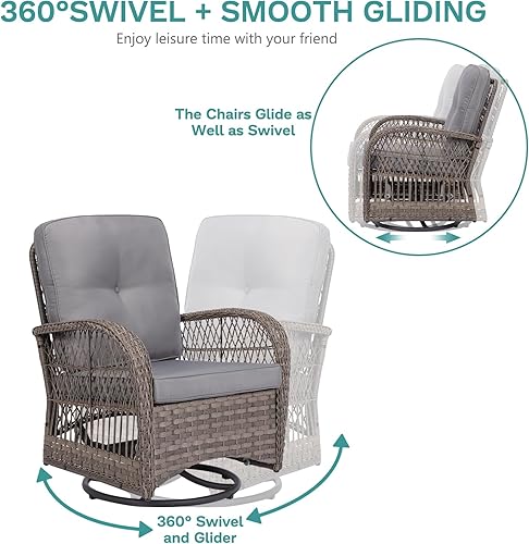 Miniatura 2 de MEETWARM Juego de 3 piezas de mimbre giratorio para patio al aire libre, mecedoras, juegos de muebles de patio de ratán con cojín grueso y mesa de