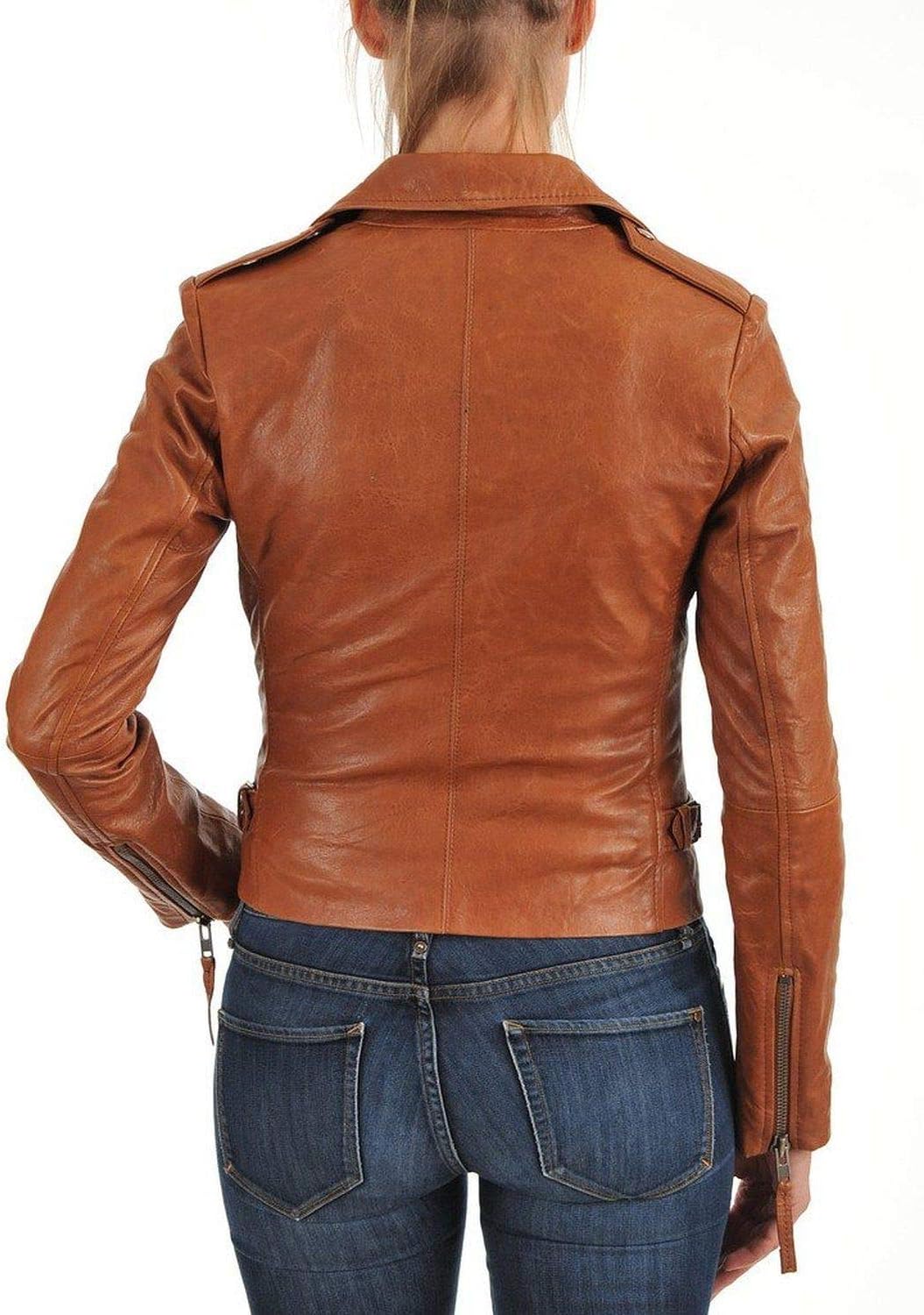 D DOLLY LAMB Women's Lambskin Leather Bomber Biker Jacket - Genuine Soft Leather, Stylish Moto Biker Jacket - Brown101fc (X-Small) - Image 3
