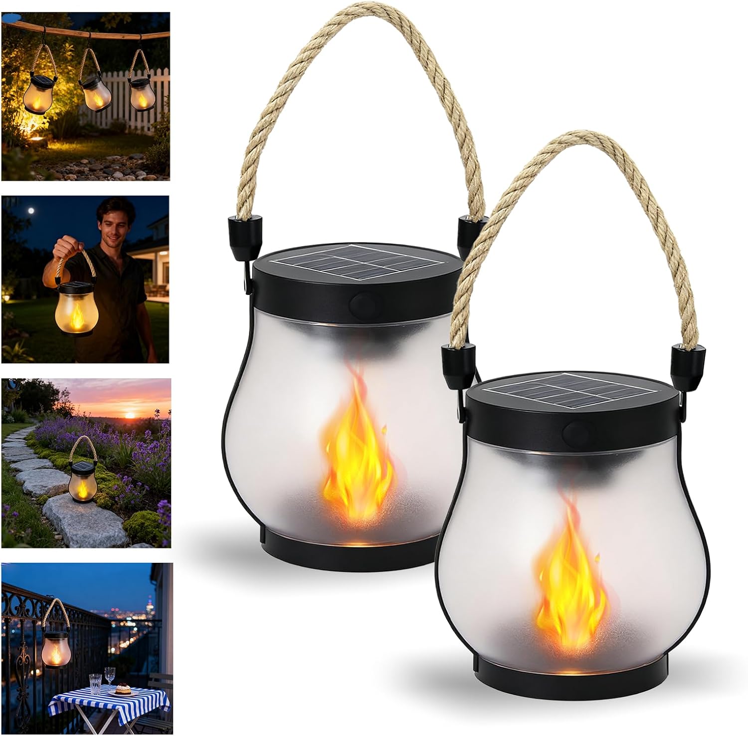 2026 New Upgrade Solar Lantern Outdoor Waterproof, Retro Dancing Flame Solar Lantern Outdoor Lights with Dual Charging, Suitable for Camping Trails Yard Terrace Porch Garden Decoration（2PC）