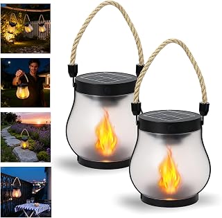 2026 New Kaliqo Solar Lantern Outdoor Lights, Dancing Flame Solar Lantern Outdoor Lights, Hemp Rope Flame Lamp, for Camping Pathway Yard Patio Porch Garden Decor (2Pcs)