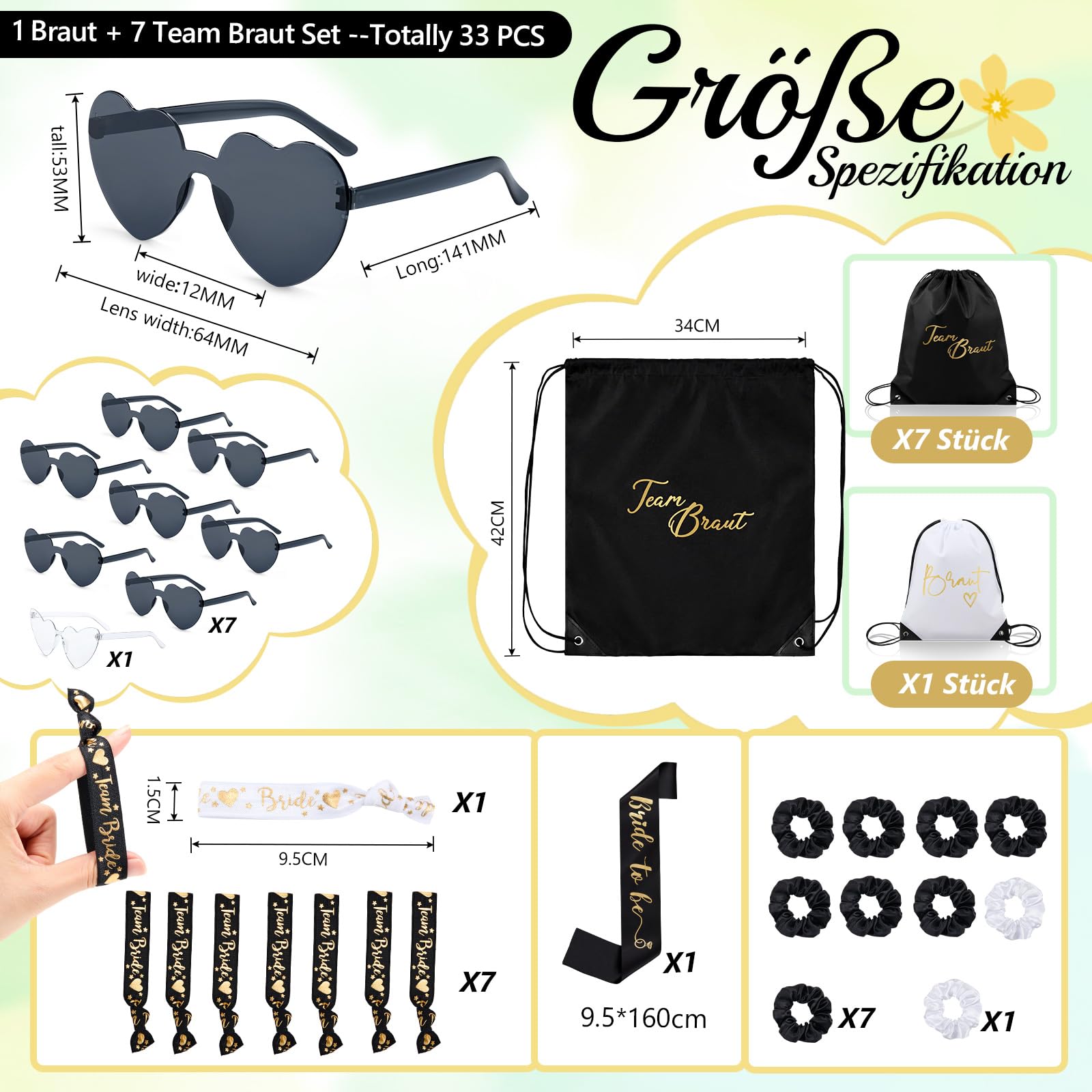 BBTO Lot de 33 Accessoires EVJF Femme Bride to Be & Team Bride Kit Enterrement de Vie de Jeune Fille avec 8 Sacs Cordon, 8 Lunettes Cœur, 8 Bracelets, 8 Chouchous et 1 Écharpe Mariée