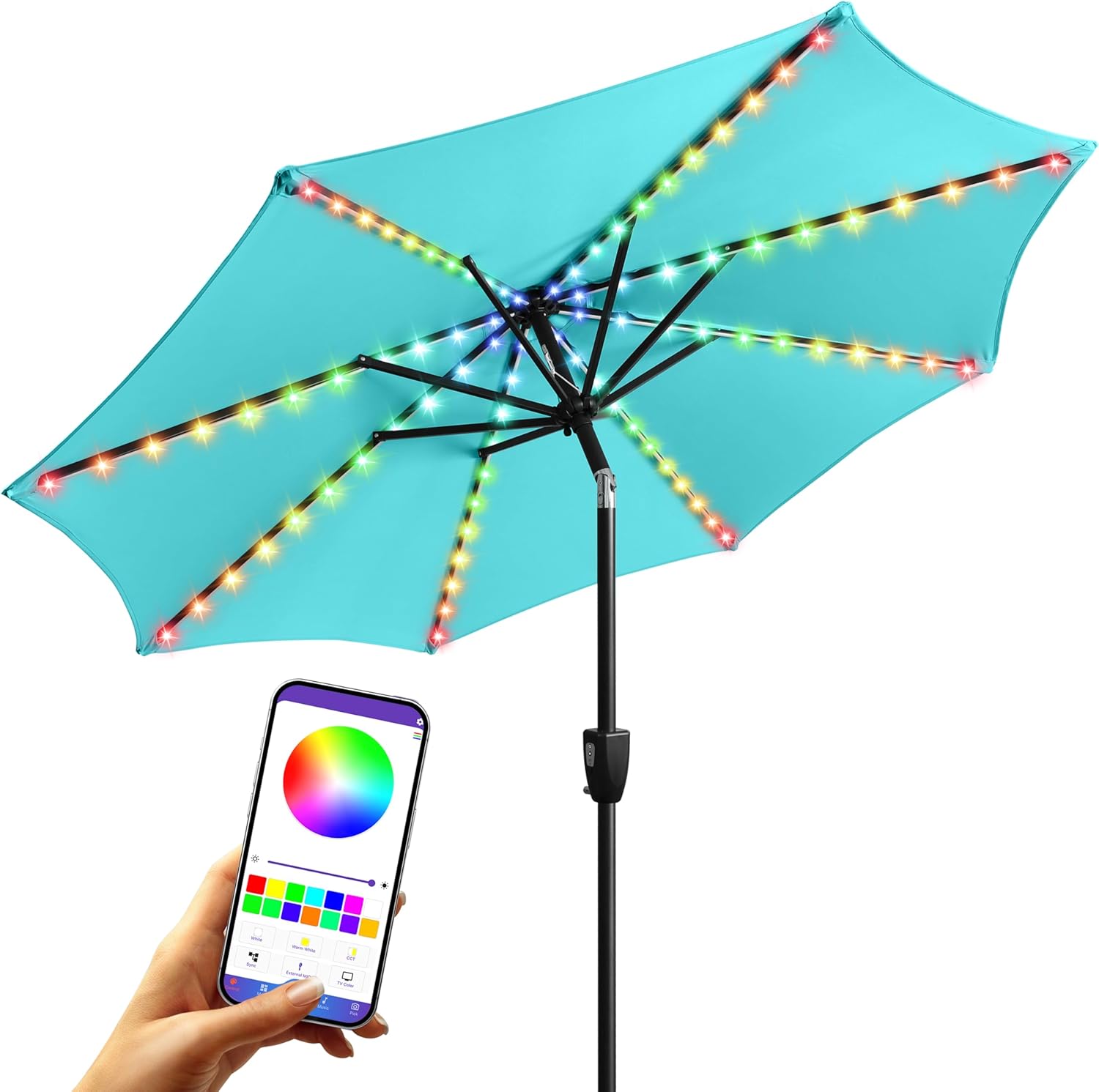 fruiteam solar colorful led lights patio umbrella, 7.5ft heavy duty outdoor market umbrella with 200+ light modes, all-weather uv protection sun shade for table, pool, garden (peacock blue)