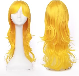 S-noilite Yellow Cosplay Wig 23.5" Long Wavy Anime Costume Wigs with Bangs for Women Girls in Halloween Party Heat Resistant Synthetic Hair Layered Curly Wavy Wig