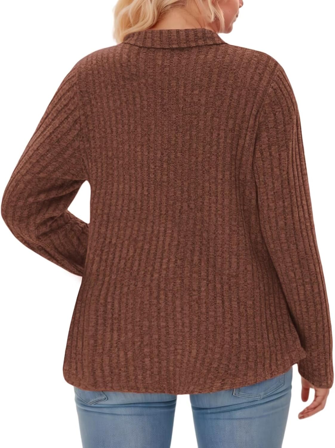 Long Sleeve Plus Size Tops Loose Fit Collared Tunics Trendy V Neck Tshirts 2024 Cute Polo Lapel Fall Pullover 3X Caramel - Image 3