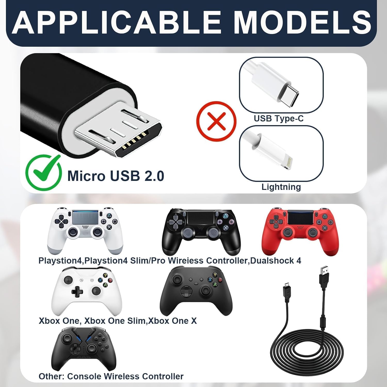 2 Pack Micro USB Charging Cable for PS4 and Xbox One Controllers 1.8M, Controller Charger Cable Wire for PlayStation 4, PS4, PS4 Slim, PS4 Pro, DualShock, 4 Xbox One, One S, One X Controllers