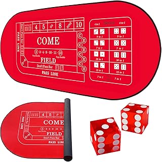33" x 17" Mini Craps Table Mat With Two Dice - Portable Casino Non-Slip Rubber Tabletop Cover for Game Night, Home Entertainment, Party