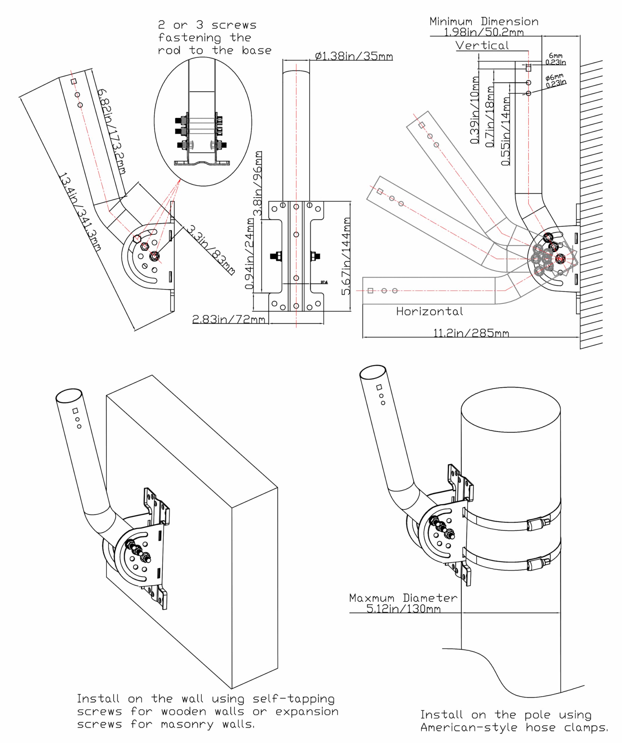 Heavy Duty Pivot Antenna Pole Mount Bracket, J-Pipe Solid Rustproof Stainless Steel Mast (12''(H) - ?1.38‘’ Rod) for Wall, Eave or Roof Mounting,Compatible with Outdoor Access Point,Antennas,Starlink