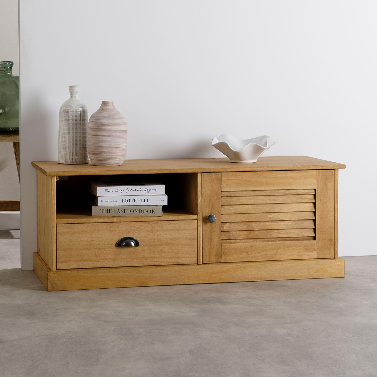 IDIMEX Meuble TV Veneta L 106 cm en Bois Massif Coloris Naturel avec 1 Porte battante et 1 tiroir, Rangement optimisé, Ouverture pour câbles, Design Robuste et élégant, Meuble de Salon Fonctionnel