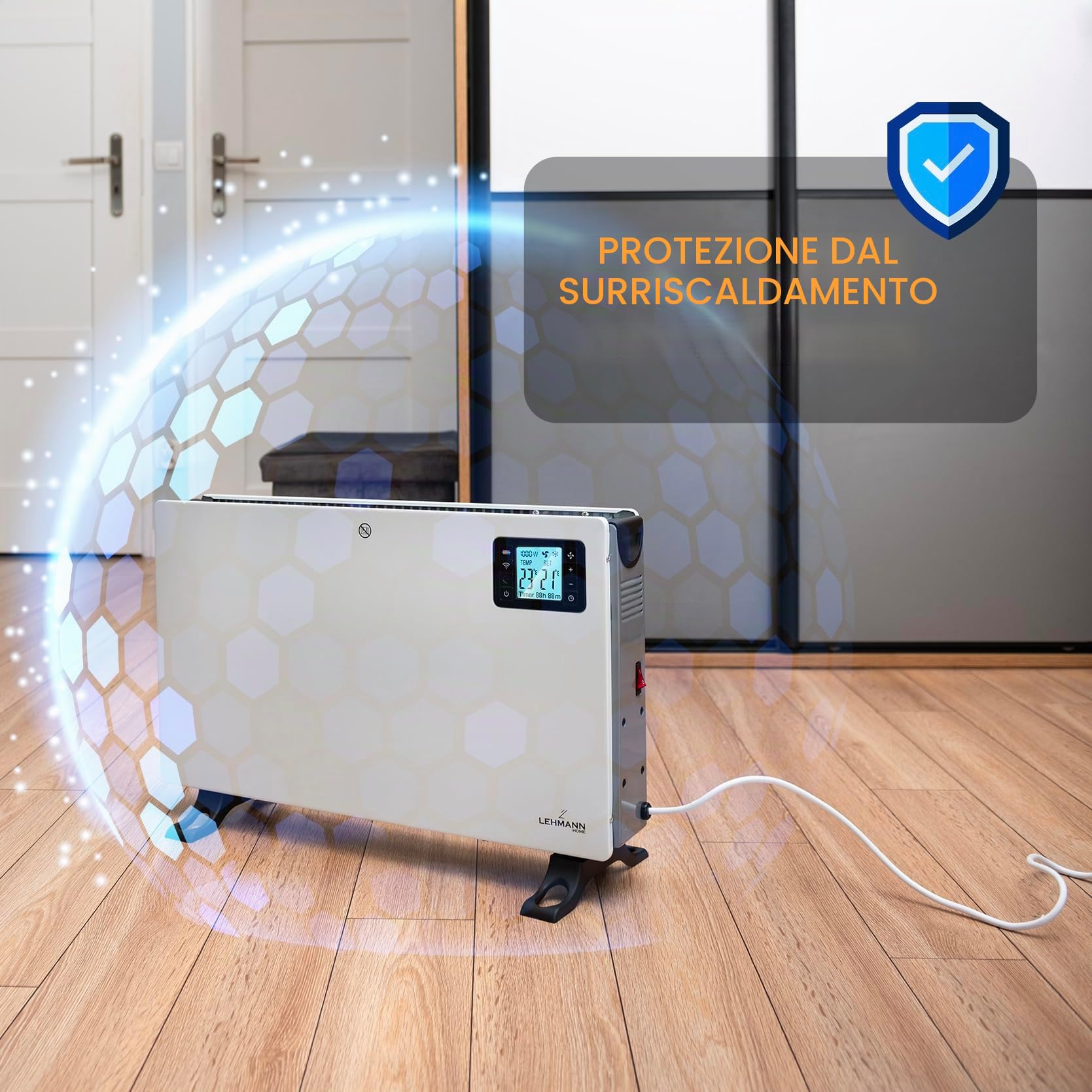 LEHMANN LHOHC-2013C Termoconvettore Elettrico 2000W, con 3 Livelli di Riscaldamento, Termostato Regolabile con Telecomando, Silenzioso, Compatibile con WiFi, Ideale stufa per casa e ufficio