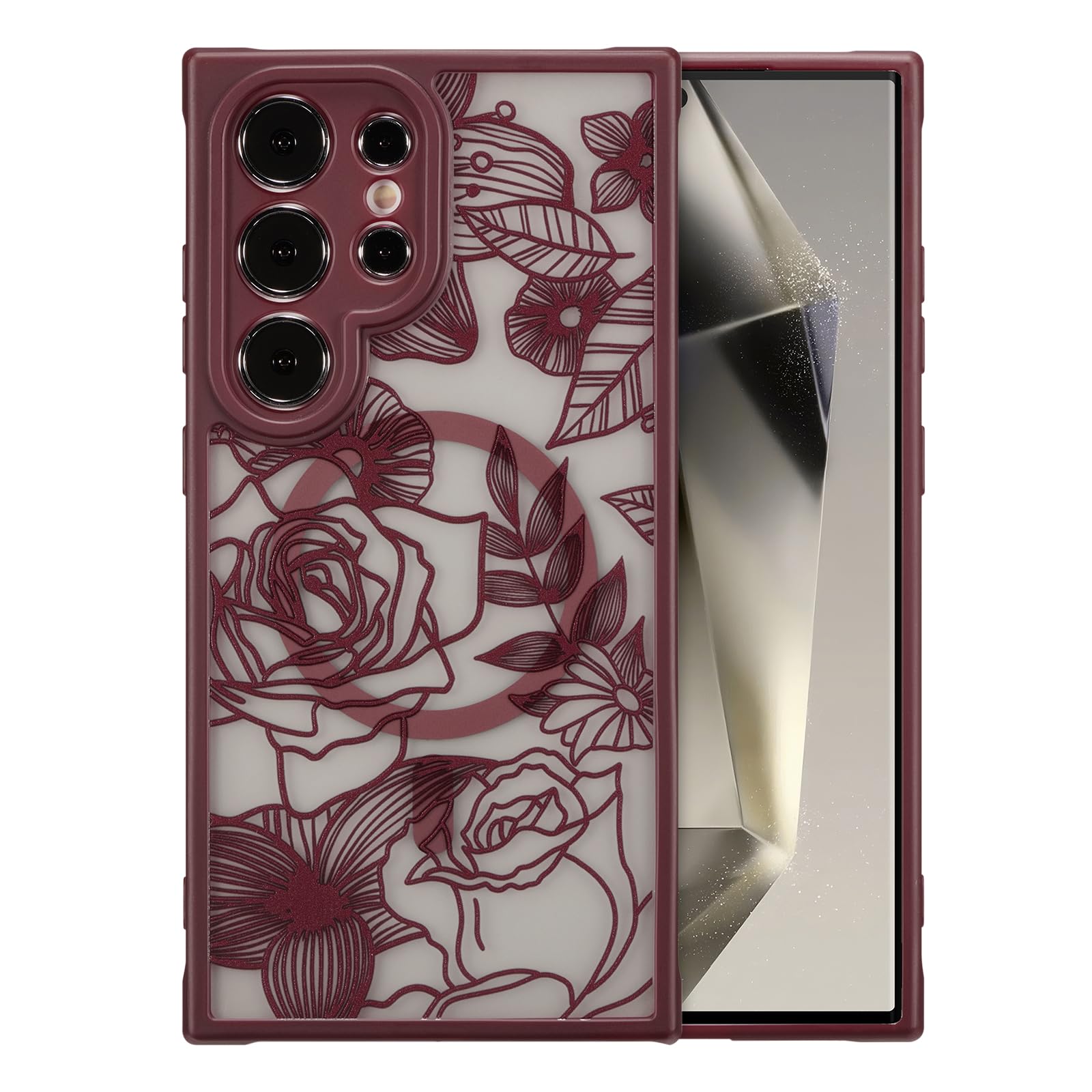 XIZYO Magnetic Case for Samsung Galaxy S24 Ultra Floral Rose Cute [Compatible with Magsafe] for Women Girls Burgundy Aesthetic Pattern Slim TPU