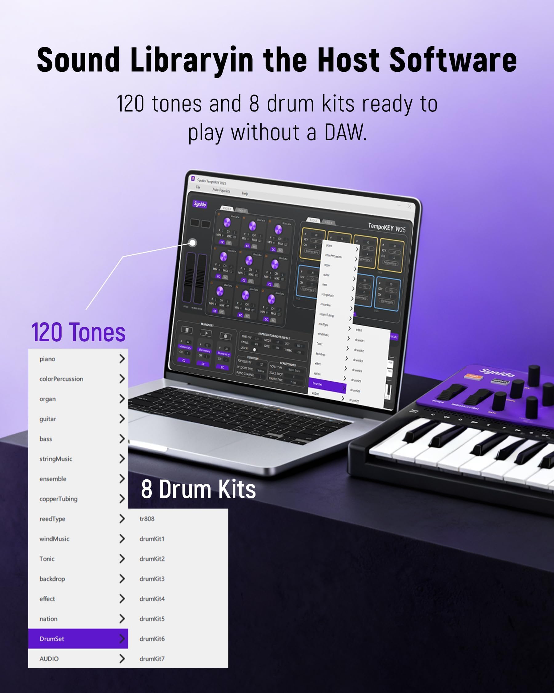 Synido TempoKEY W25 Clavier contrôleur MIDI USB C 25 touches Connexion sans fil rechargeable avec 8 pads RVB Velocity Écran OLED, MIDI In/Out/Thru, Clavier MIDI professionnel pour production musicale