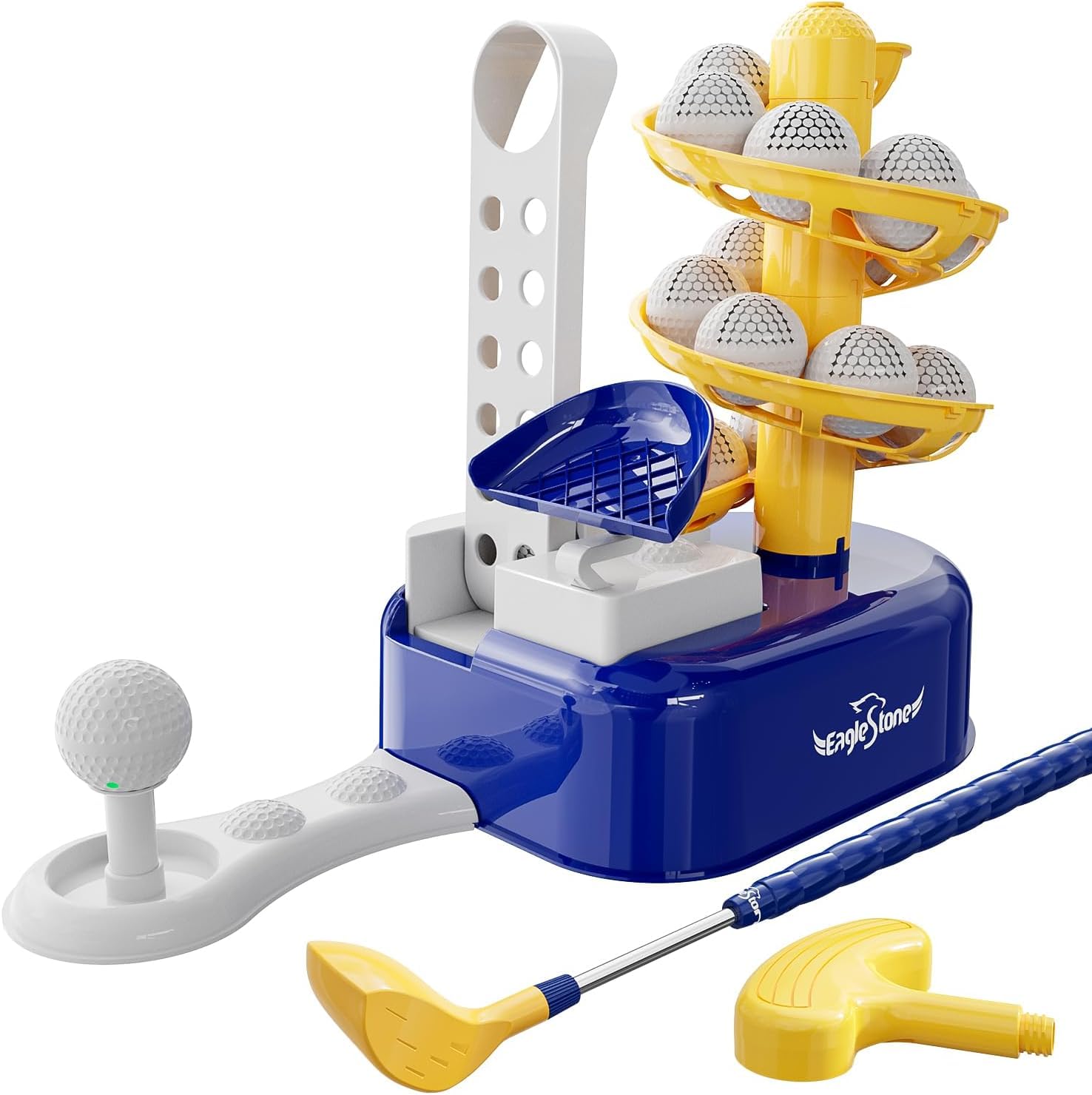 EagleStone Toddler Golf Set with Foot Pedal Ball Launcher, Adjustable Club, 15 Balls and Cart, Indoor and Outdoor Toy Gift for Boys and Girls Aged 3-8 (Blue)