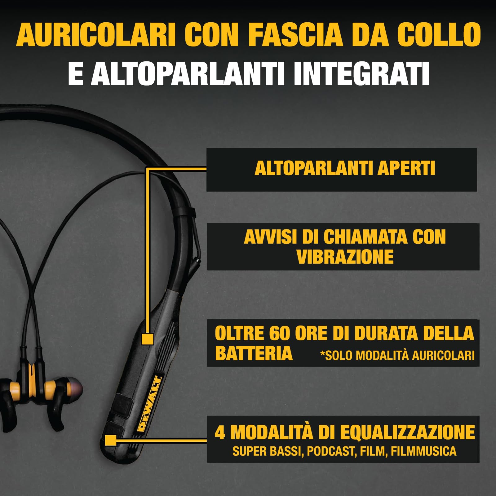 DEWALT Cuffie Bluetooth Neckband 2-in-1 Heavy Duty, Auricolari Wireless con Altoparlanti Integrati, 60+ Ore Autonomia Microfono HD, IP56 Impermeabili, Ideali per Cantiere, Officina e Outdoor Nero