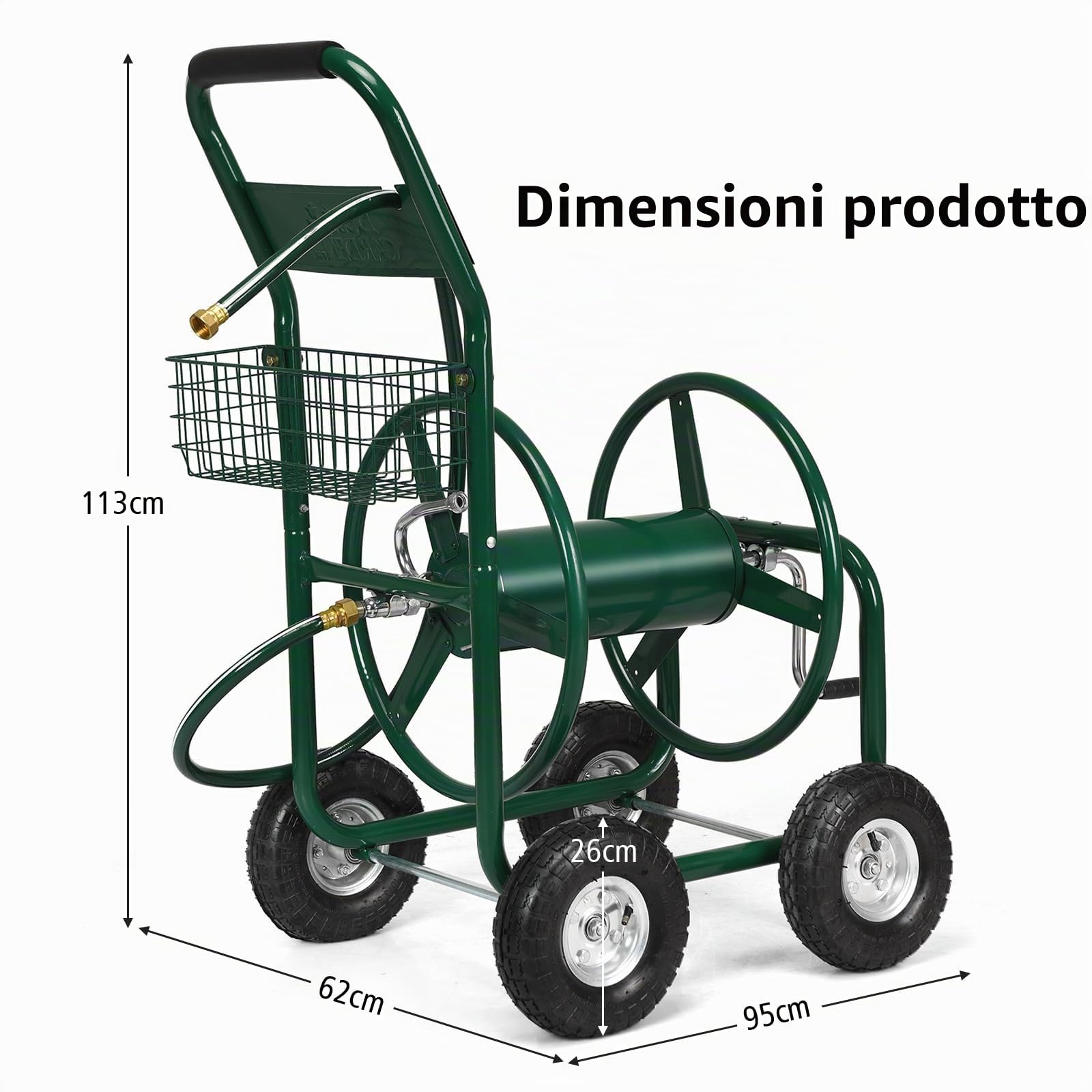 SOARS Carrello Avvolgitubo da Giardino per Tubi da 5/8", Fino 80 Metri | Avvolgitubo in Metallo con Cestino e 4 Ruote Pneumatiche, 95 x 62 x 113 cm, Verde